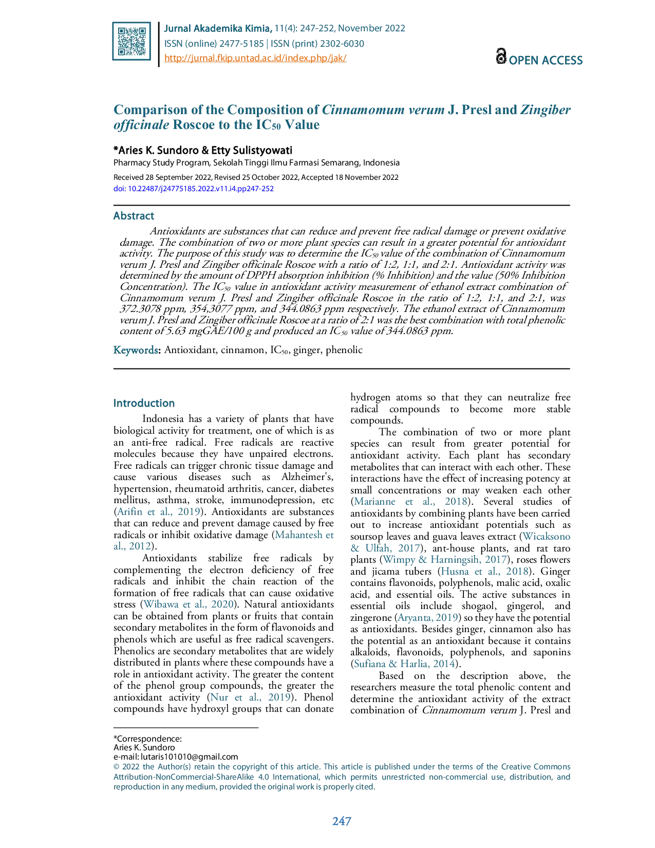 JURIS Comparison of the Composition of Cinnamomum verum J Presl and Zingiber officinale Roscoe to the IC50 Value