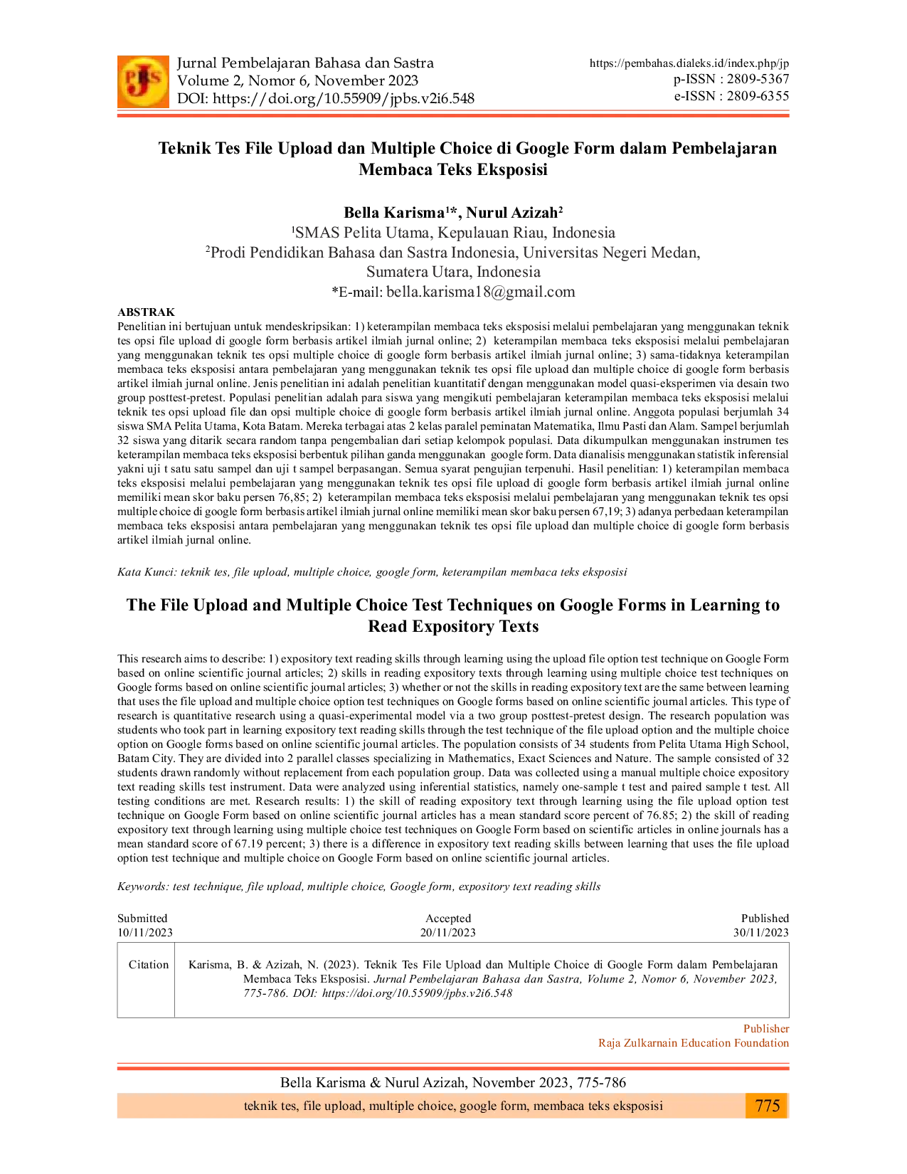 JURIS Teknik Tes File Upload dan Multiple Choice di Google Form dalam Pembelajaran Membaca Teks Eksposisi