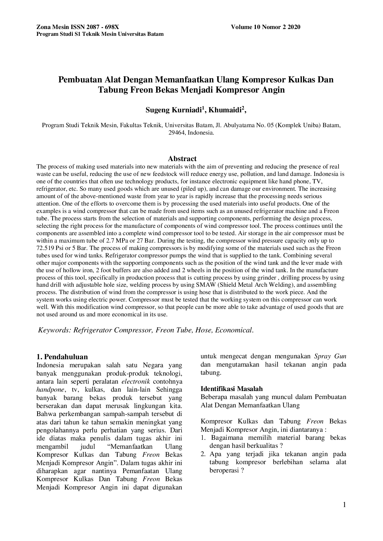 JURIS Pembuatan Alat Dengan Memanfaatkan Ulang Kompresor Kulkas Dan Tabung Freon Bekas Menjadi Kompresor Angin