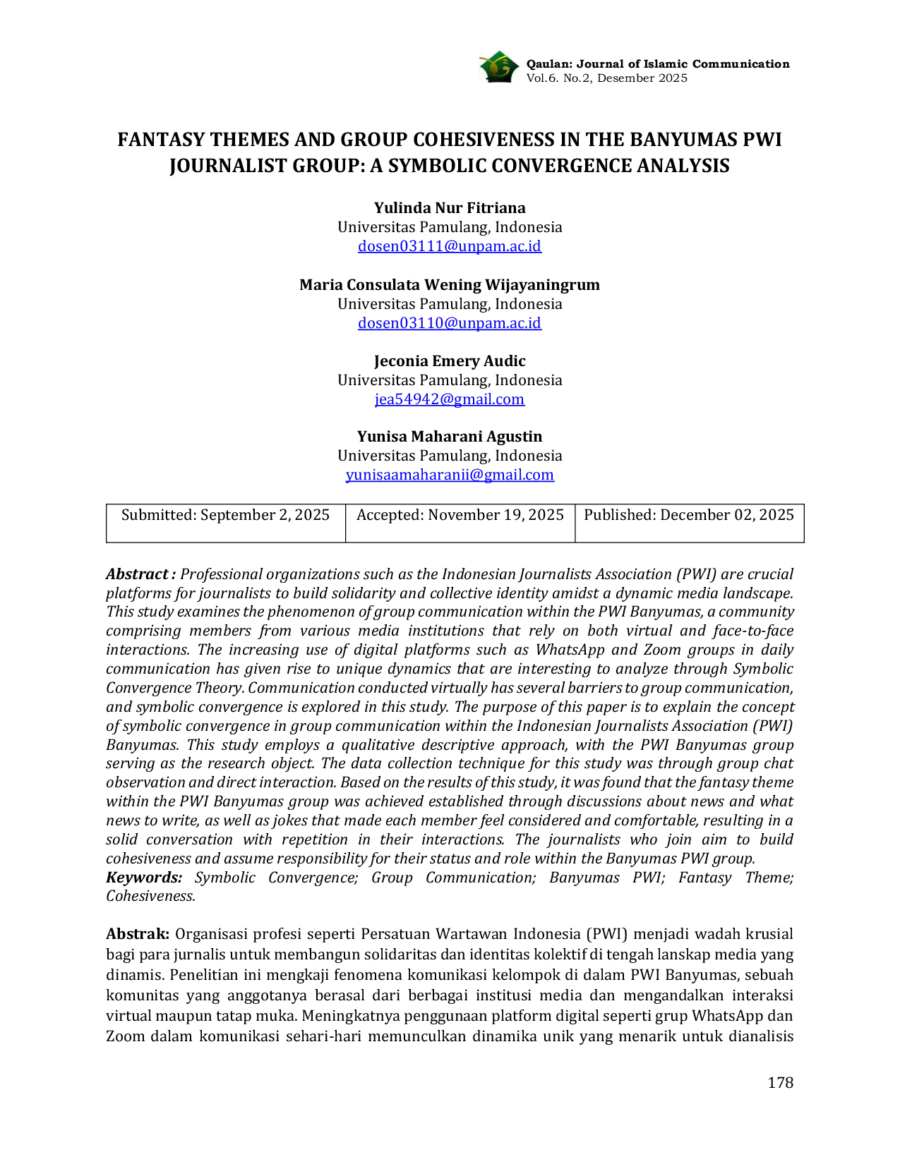 JURIS Fantasy Themes and Group Cohesiveness in the Banyumas PWI Journalist Group A Symbolic Convergence Analysis