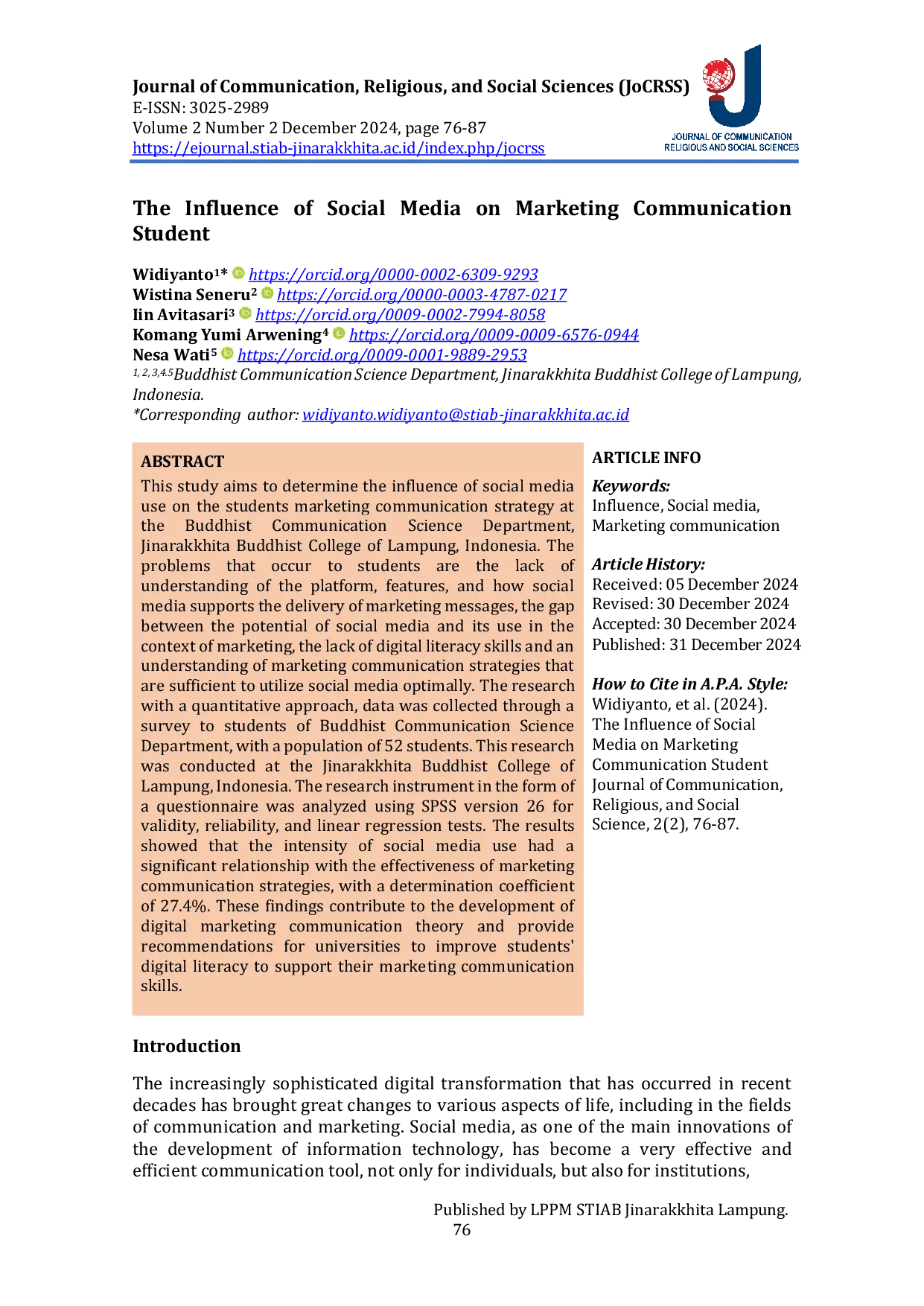 JURIS The Influence of Social Media on Marketing Communication Student