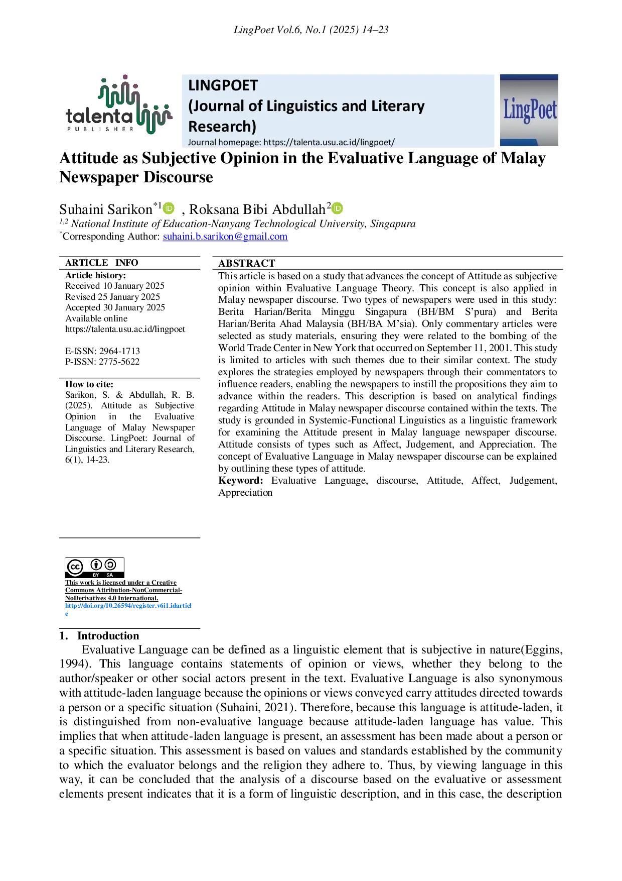 JURIS Attitude as Subjective Opinion in the Evaluative Language of Malay Newspaper Discourse