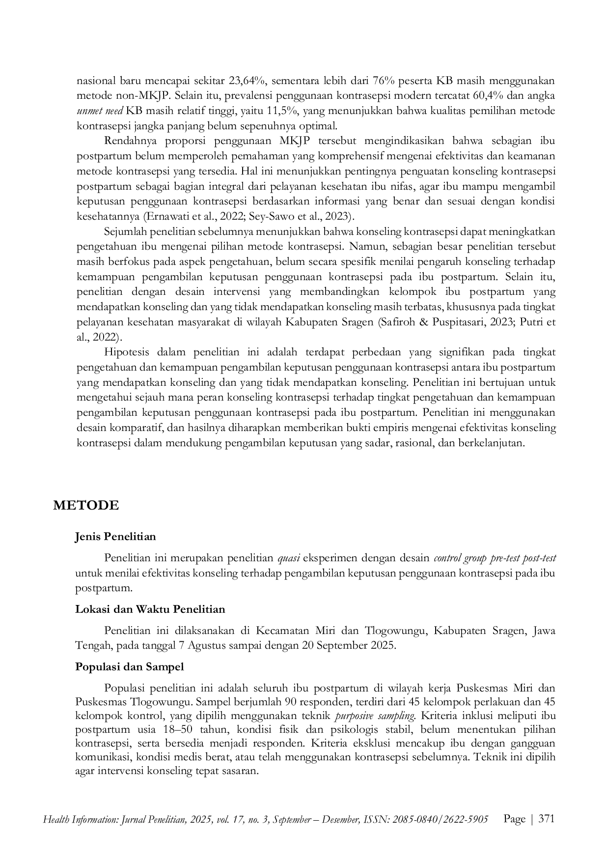JURIS Efektivitas Konseling Terhadap Pengambilan Keputusan Penggunaan Kontrasepsi pada Ibu Postpartum