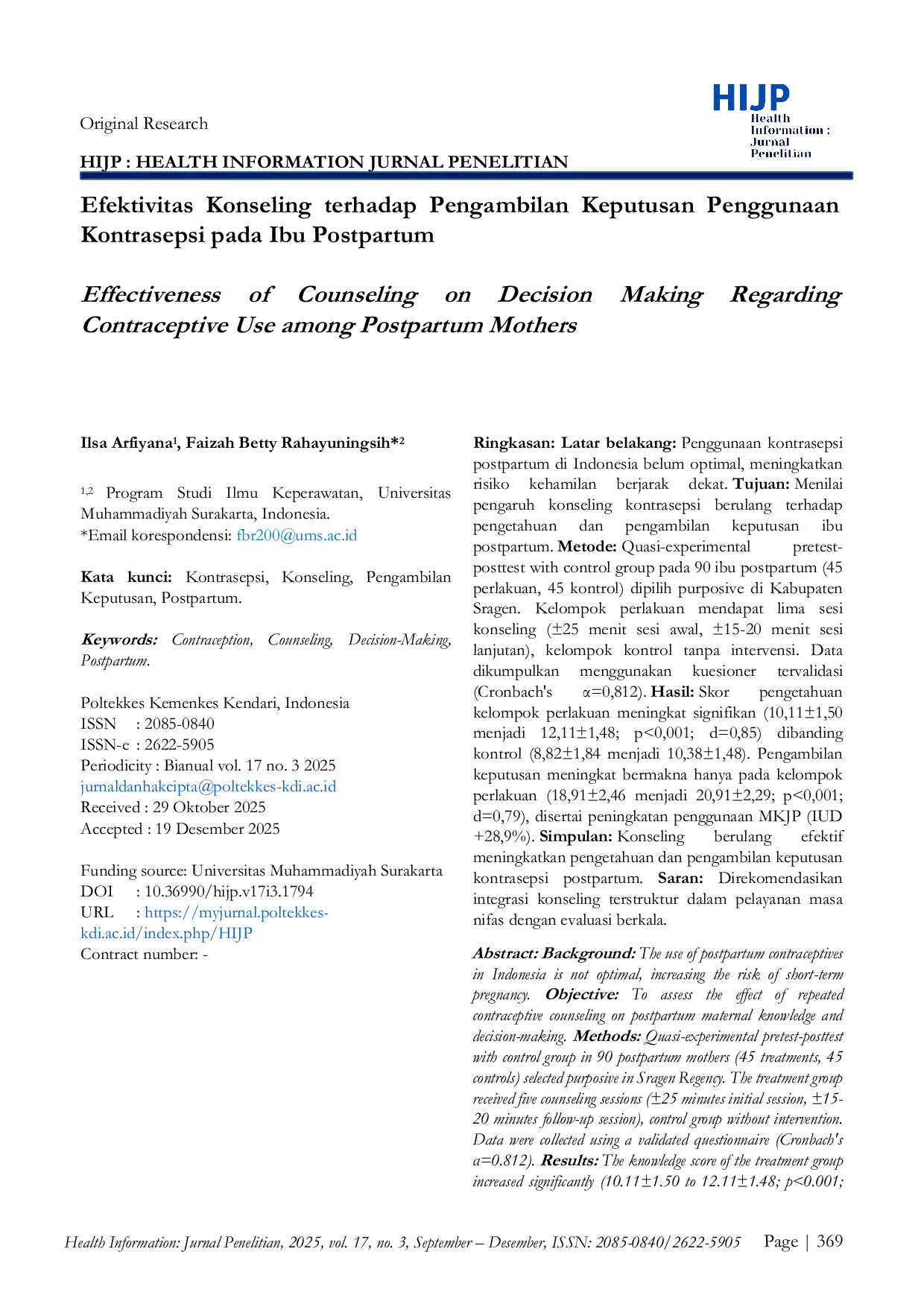 JURIS Efektivitas Konseling Terhadap Pengambilan Keputusan Penggunaan Kontrasepsi pada Ibu Postpartum