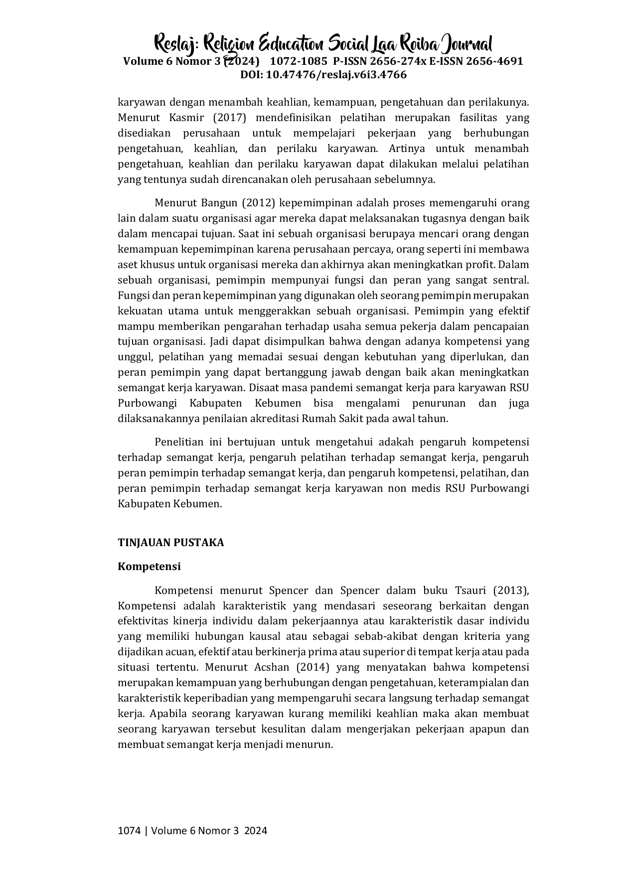 JURIS Pengaruh Kompetensi Pelatihan Dan Peran Pemimpin Terhadap Semangat Kerja Karyawan Non Medis RSU Purbowangi Kabupaten Kebumen