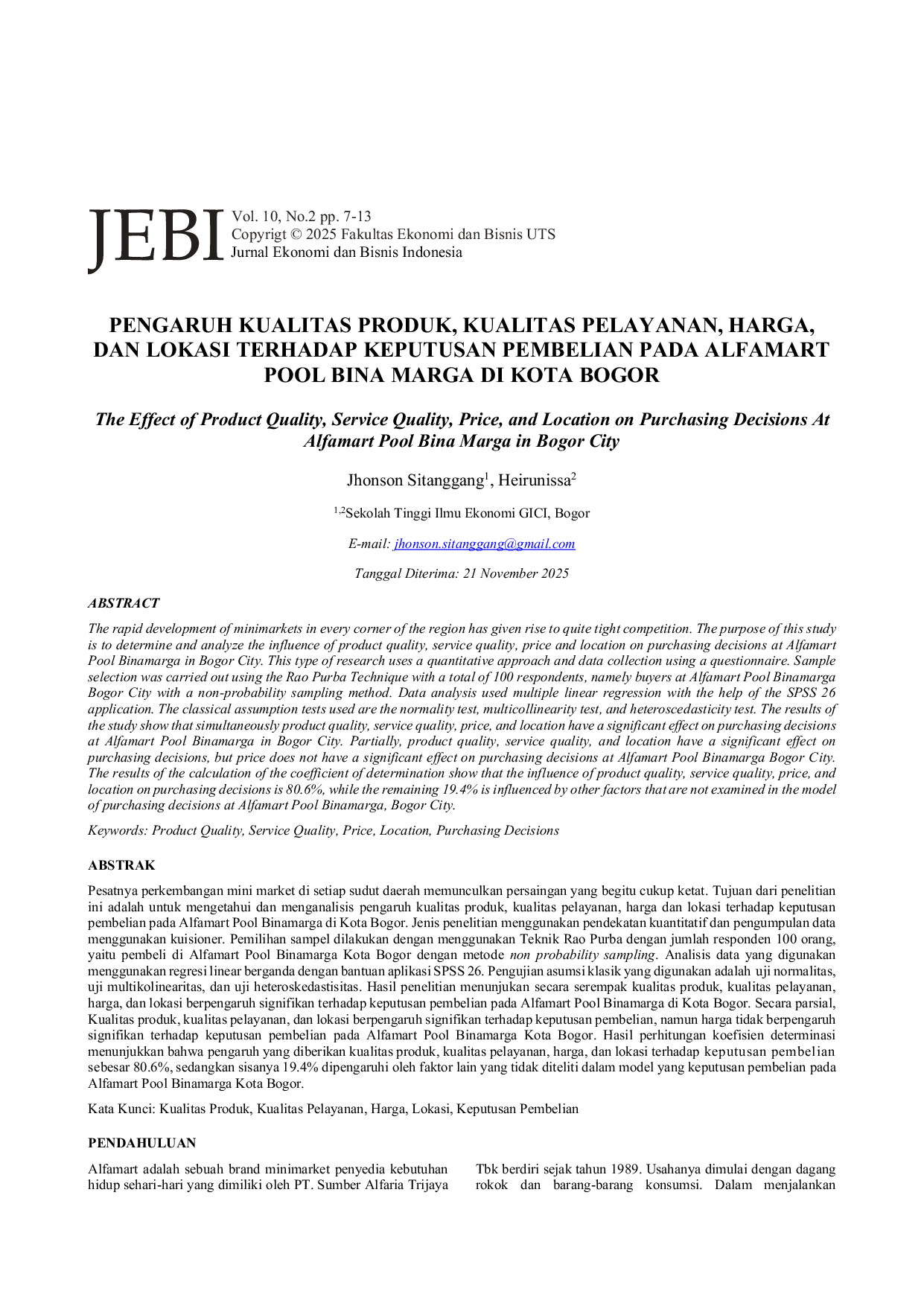 JURIS Pengaruh Kualitas Produk Kualitas Pelayanan Harga dan Lokasi Terhadap Keputusan Pembelian Pada Alfamart Pool Bina Marga Di Kota Bogor