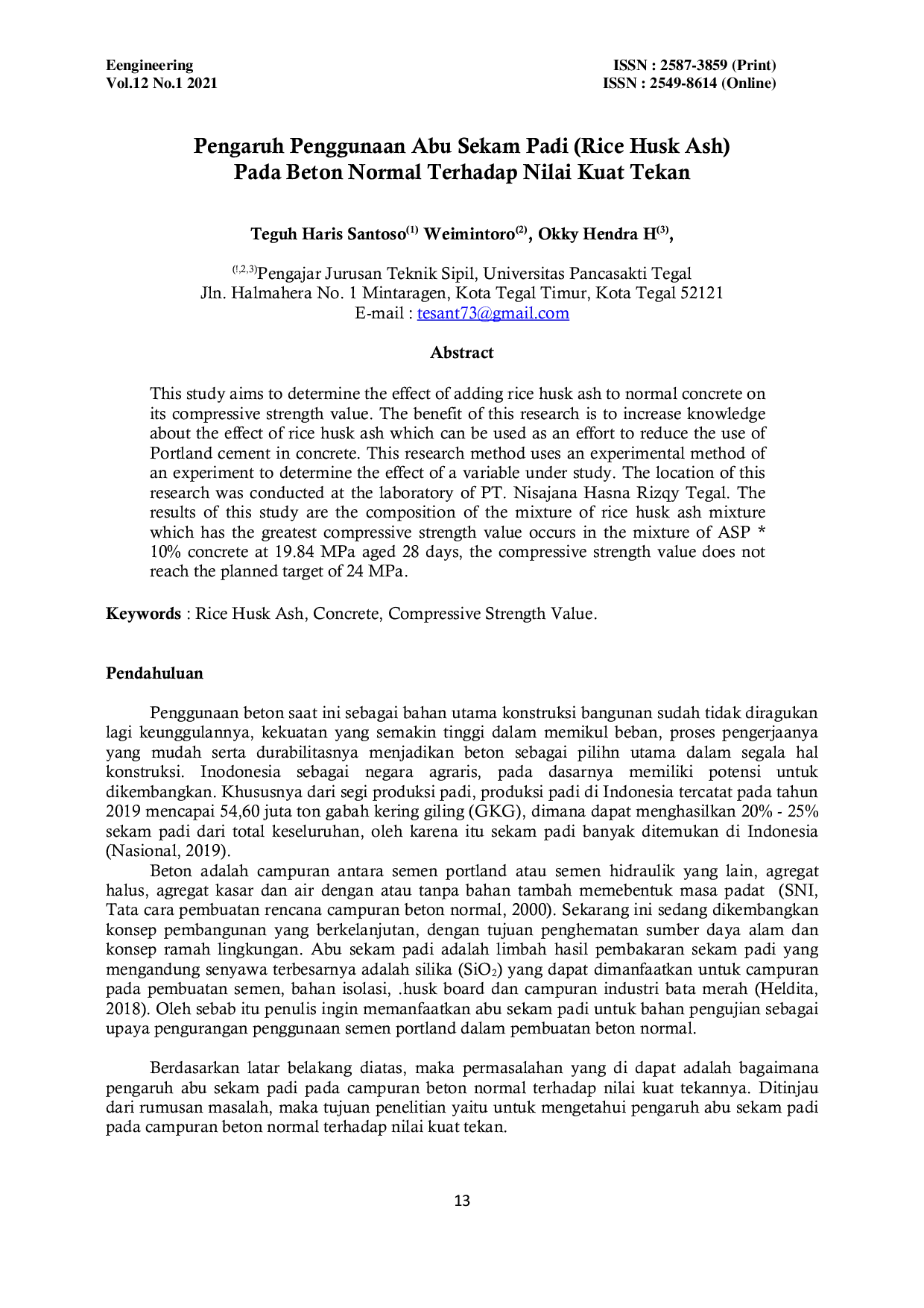 JURIS Pengaruh Penggunaan Abu Sekam Padi Rice Husk Ash Pada Beton Normal Terhadap Nilai Kuat Tekan