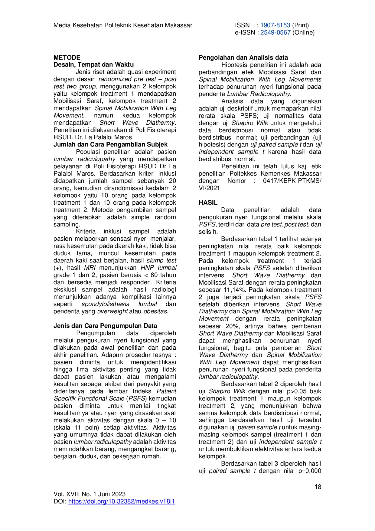 JURIS Perbandingan Efek Mobilisasi Saraf dan Spinal Mobilization With Leg Movement Terhadap Penurunan Nyeri Fungsional Pada Lumbar Radiculopathy