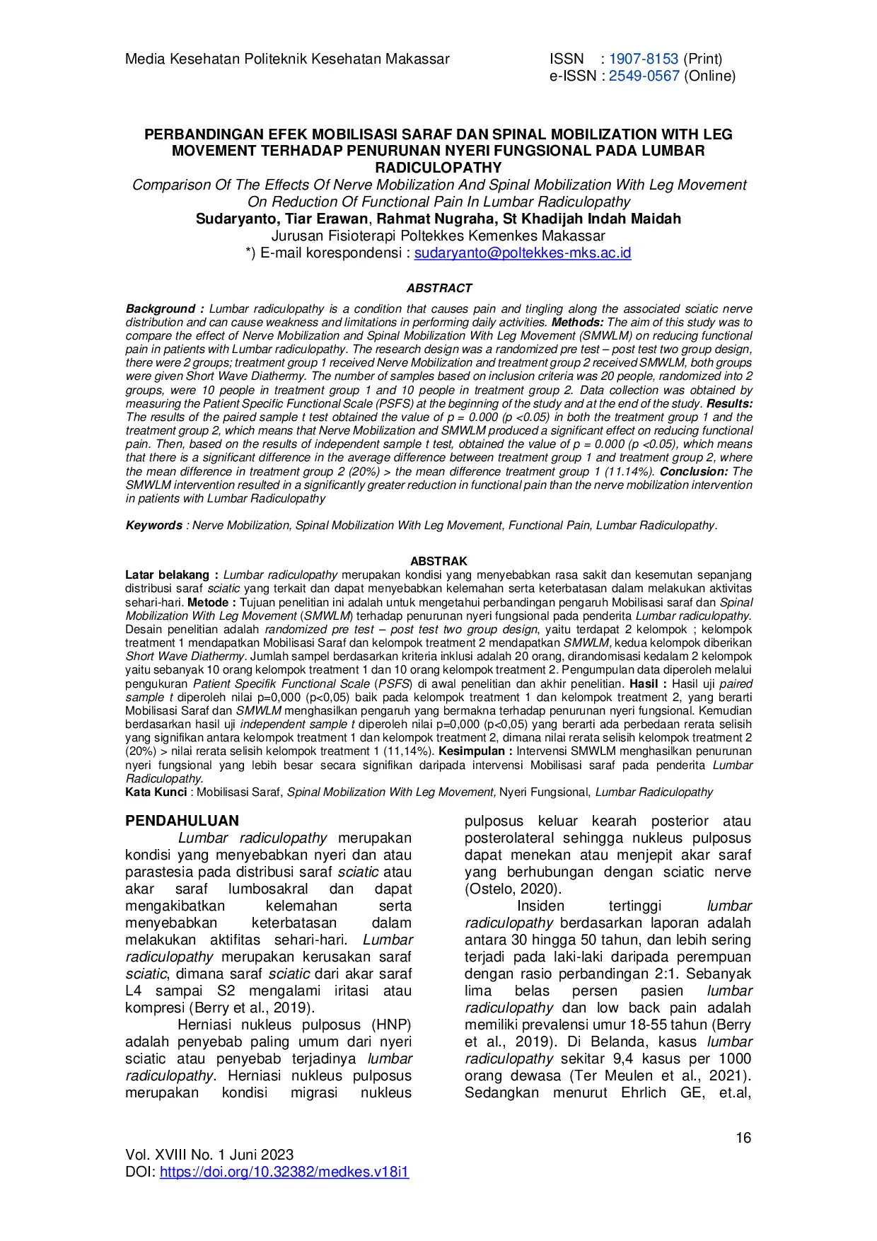 juris Perbandingan Efek Mobilisasi Saraf dan Spinal Mobilization With Leg Movement Terhadap Penurunan Nyeri Fungsional Pada Lumbar Radiculopathy