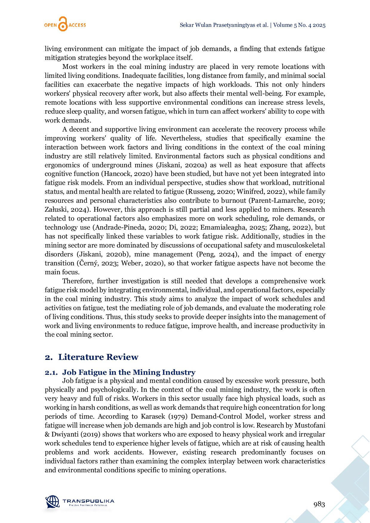 JURIS Work Fatigue Risk Modeling Based on Environmental Individual and Operational Factors in the Coal Mining Industry
