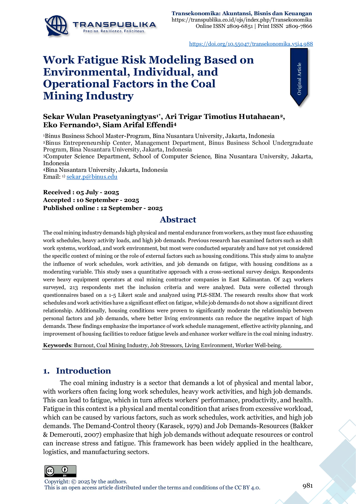 JURIS Work Fatigue Risk Modeling Based on Environmental Individual and Operational Factors in the Coal Mining Industry