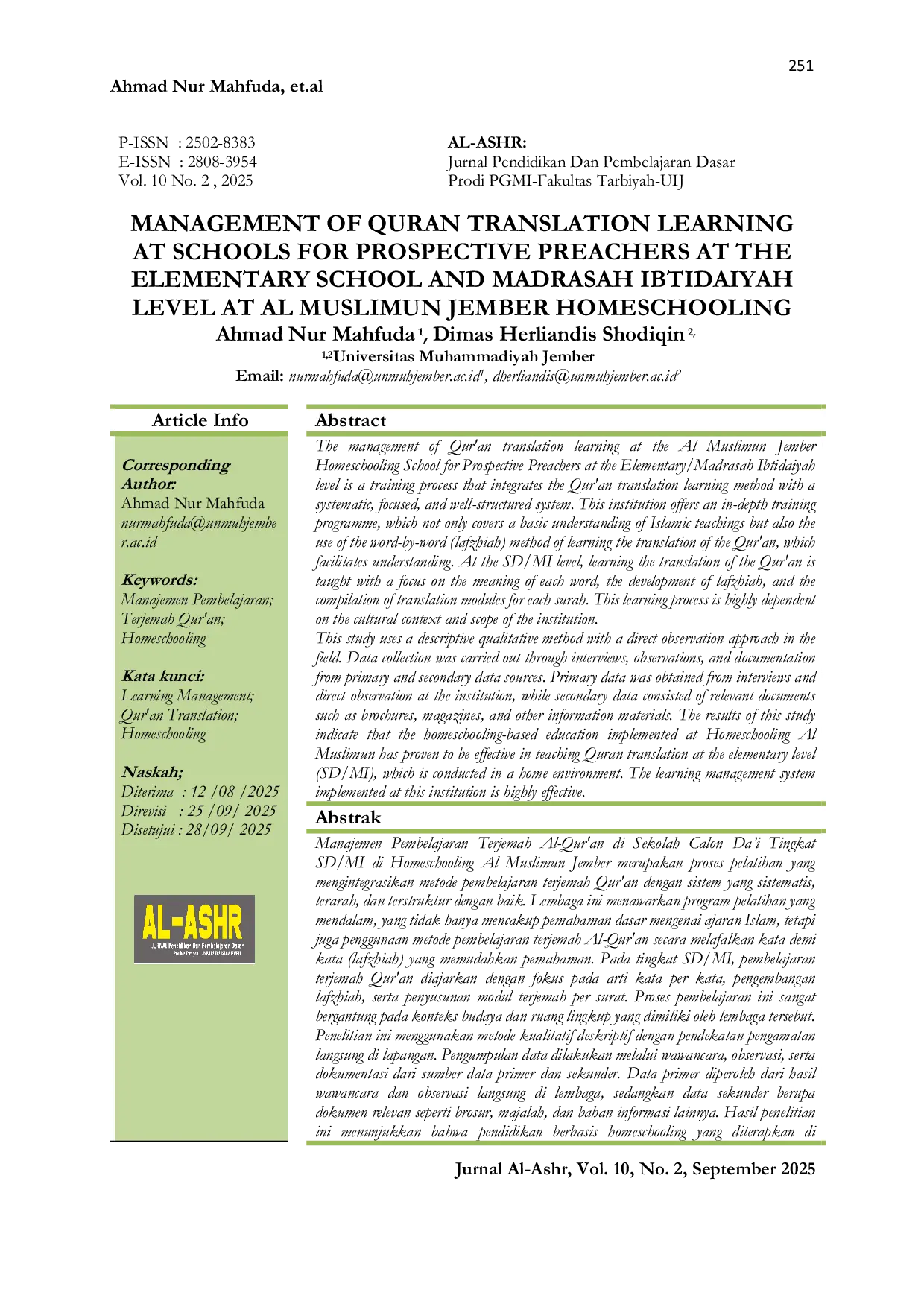 JURIS Management of Quran Translation Learning at Schools for Prospective Preachers at the Elementary School and Madrasah Ibtidaiyah Level at Al Muslimun Jember Homeschooling