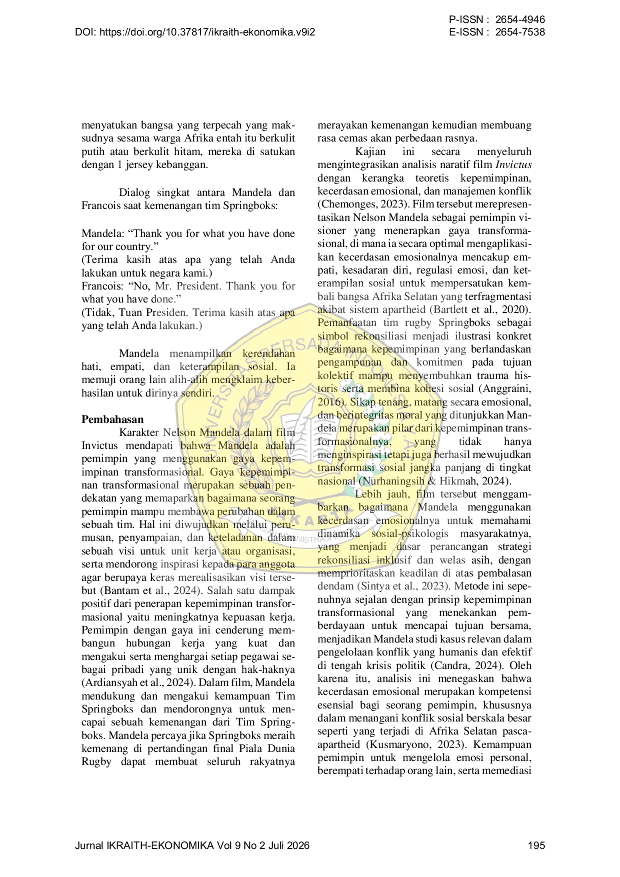 JURIS Kecerdasan Emosional Pemimpin dalam Mengelola Konflik Kajian Naratif pada Karakter Nelson Mandela dalam Film Invictus