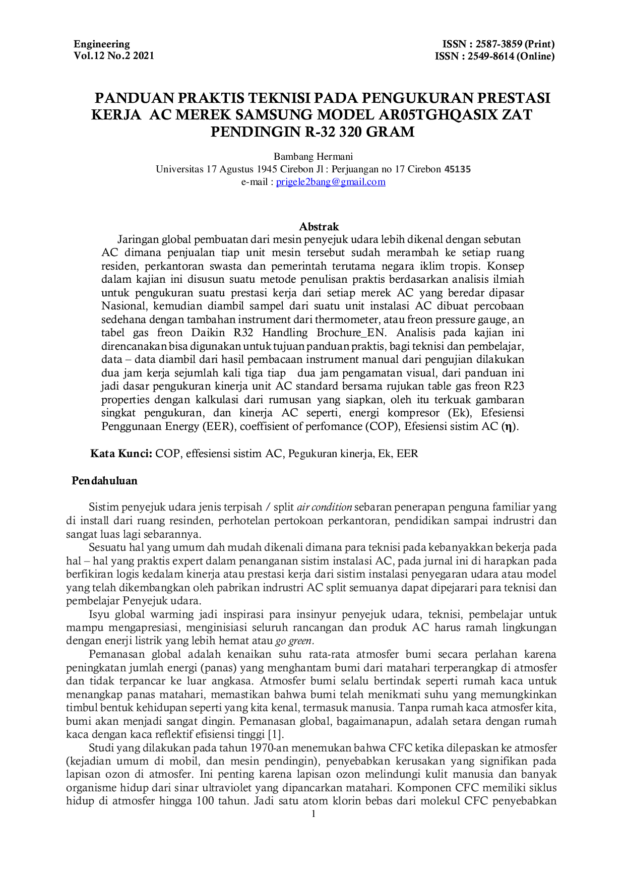 JURIS Panduan Praktis Teknisi Pada Pengukuran Prestasi Kerja AC Merek Samsung Model AR05TGHQASIX Zat Pendingin R 32 320 Gram