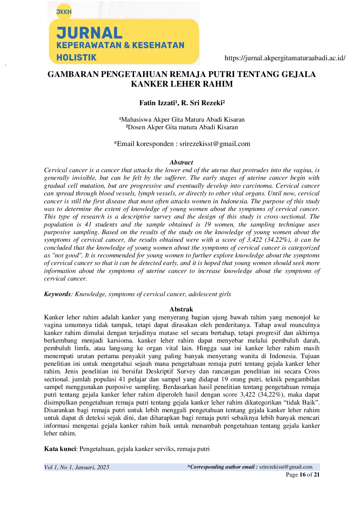 JURIS Gambaran Pengetahuan Remaja Putri Tentang Gejala Kanker Leher Rahim