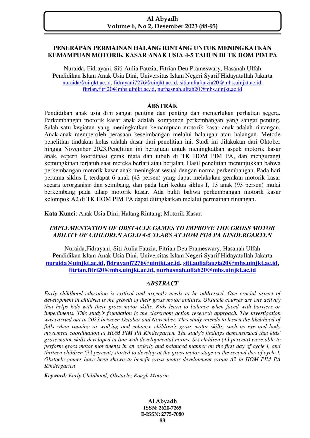 JURIS Penerapan Permainan Halang Rintang Untuk Meningkatkan Kemampuan Motorik Kasar Anak Usia 4 5 Tahun Di Tk Hom Pim Pa