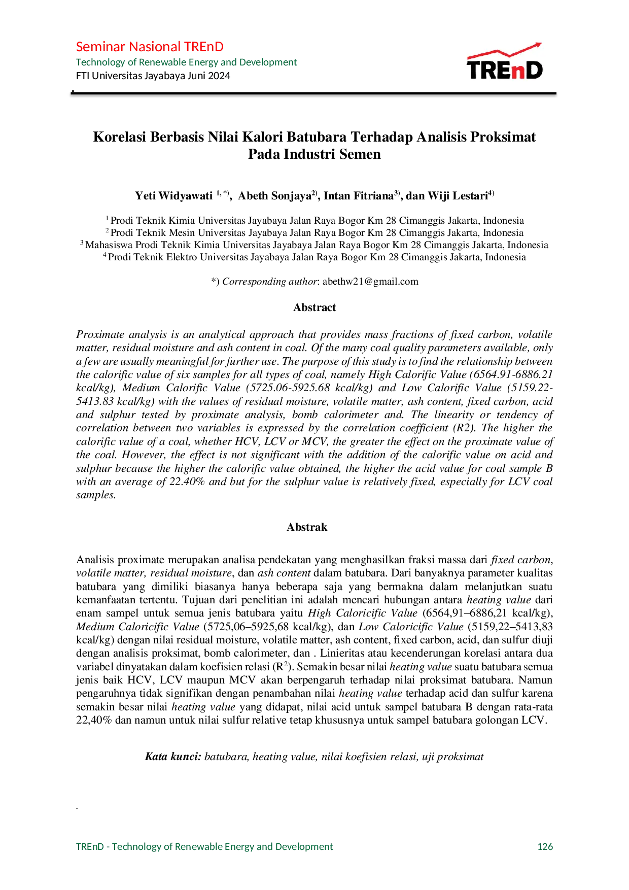 JURIS Korelasi Berbasis Nilai Kalori Batubara Terhadap Analisis Proksimat Pada Industri Semen