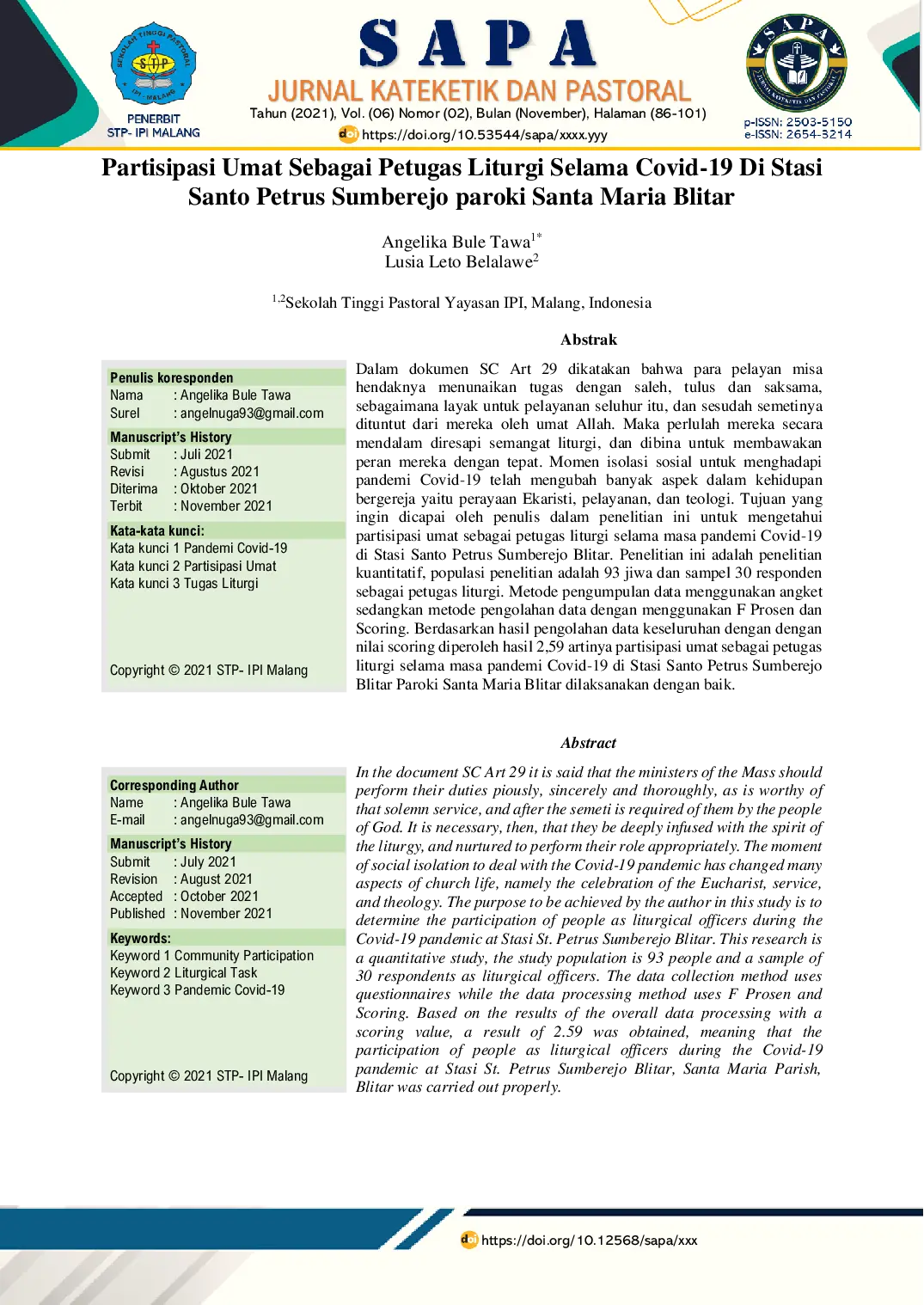 JURIS Partisipasi Umat Sebagai Petugas Liturgi Selama Covid 19 Di Stasi Santo Petrus Sumberejo Paroki Santa Maria Blitar