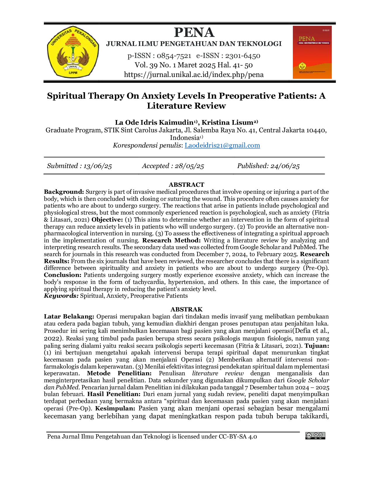 JURIS Spiritual Therapy on Anxiety Levels in Preoperative Patients A Literature Review