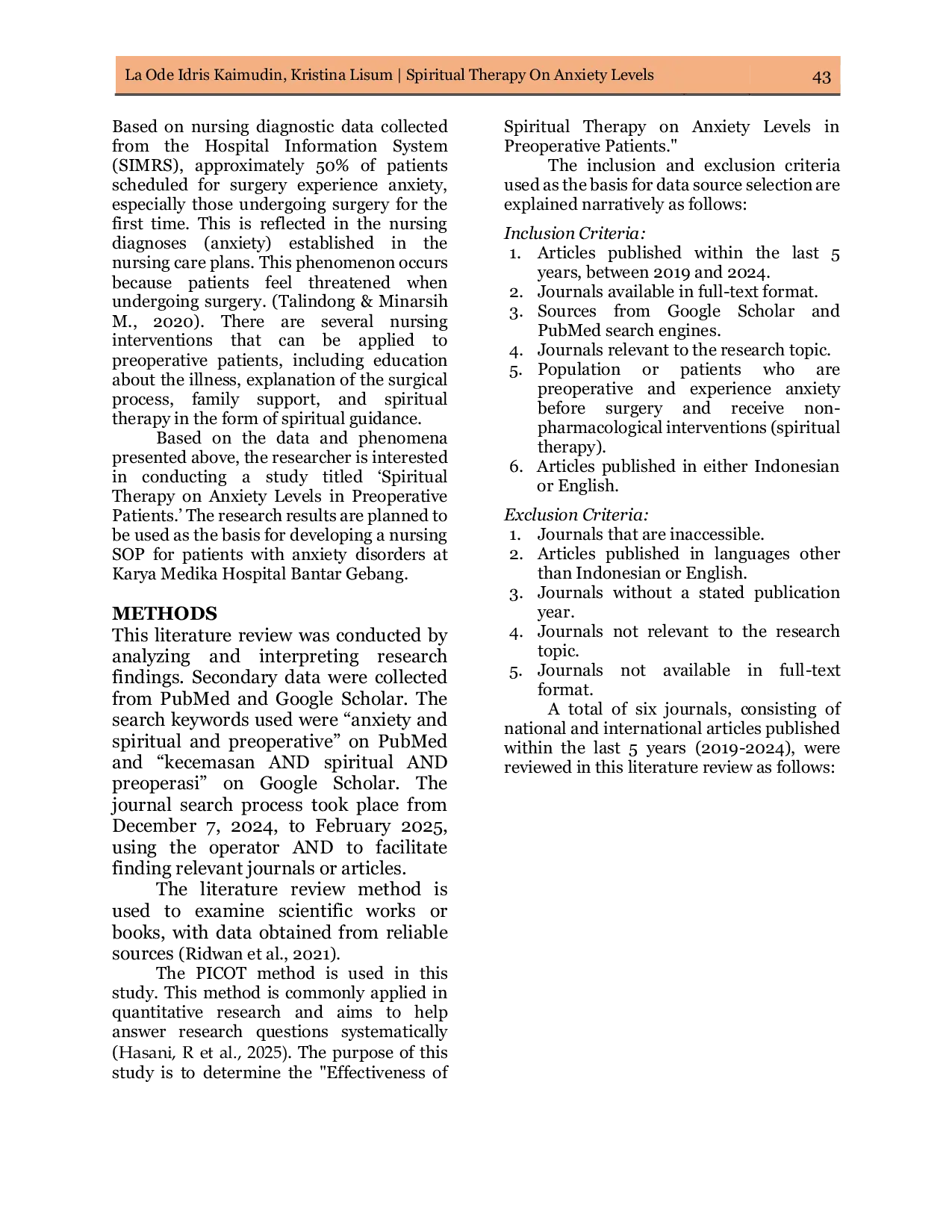 JURIS Spiritual Therapy on Anxiety Levels in Preoperative Patients A Literature Review