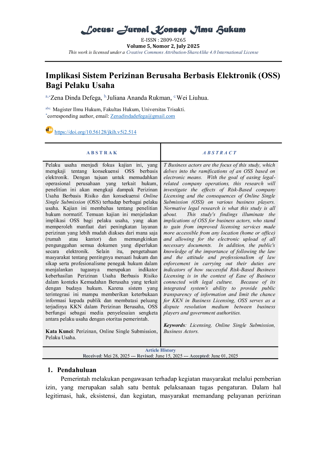 JURIS Implikasi Sistem Perizinan Berusaha Berbasis Elektronik OSS Bagi Pelaku Usaha