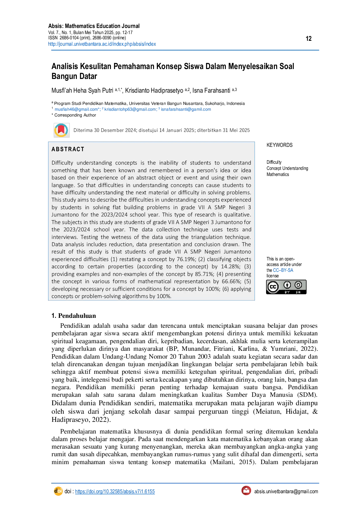 JURIS Analisis Kesulitan Pemahaman Konsep Siswa Dalam Menyelesaikan Soal Bangun Datar