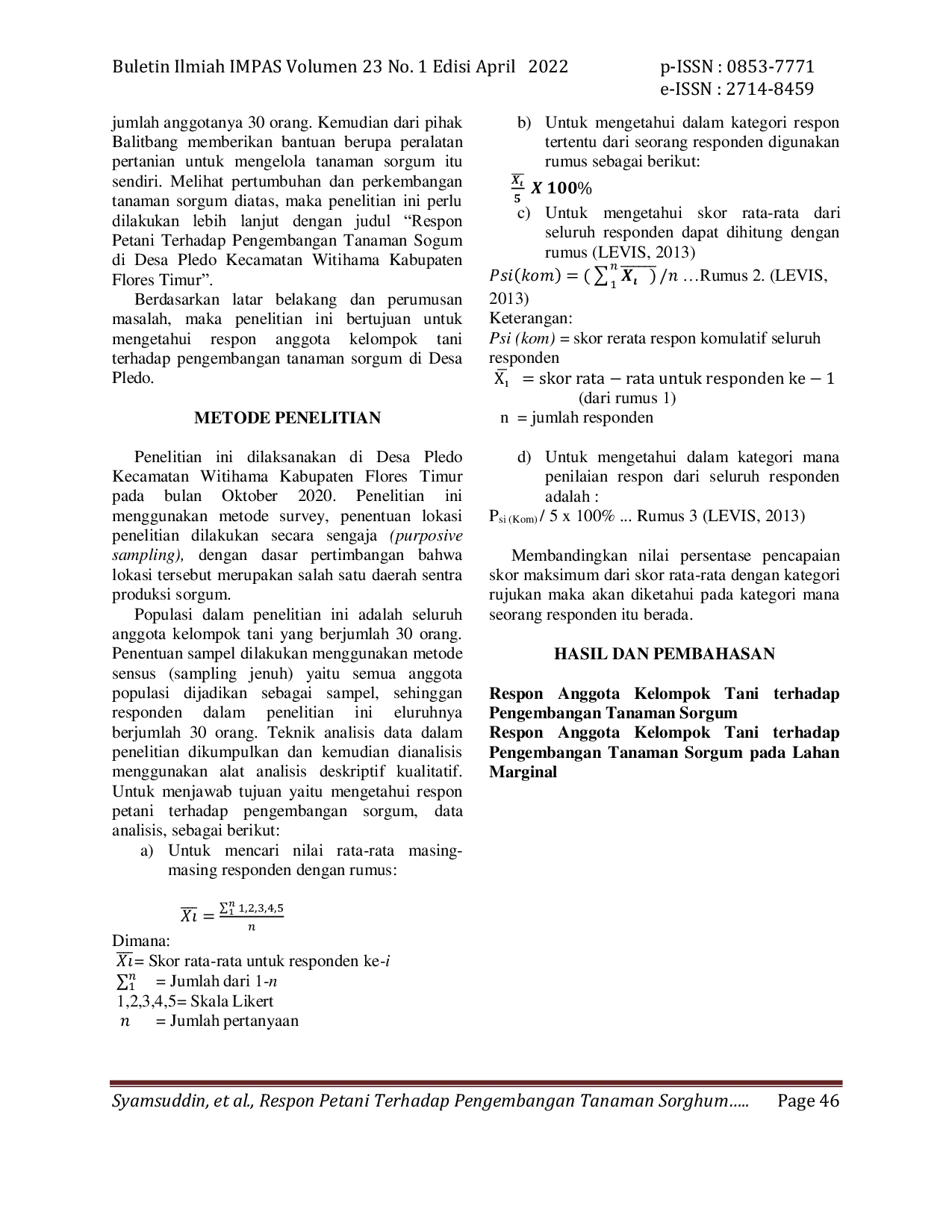 JURIS Respon Petani Terhadap Pengembangan Tanaman Sorghum di Desa Pledo Kecamatan Witihama Kabupaten Flores Timur