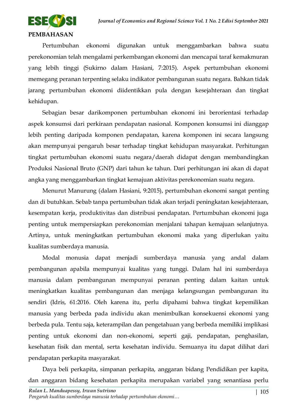 JURIS Pengaruh Kualitas Sumberdaya Manusia Terhadap Pertumbuhan Ekonomi Kabupaten Mimika