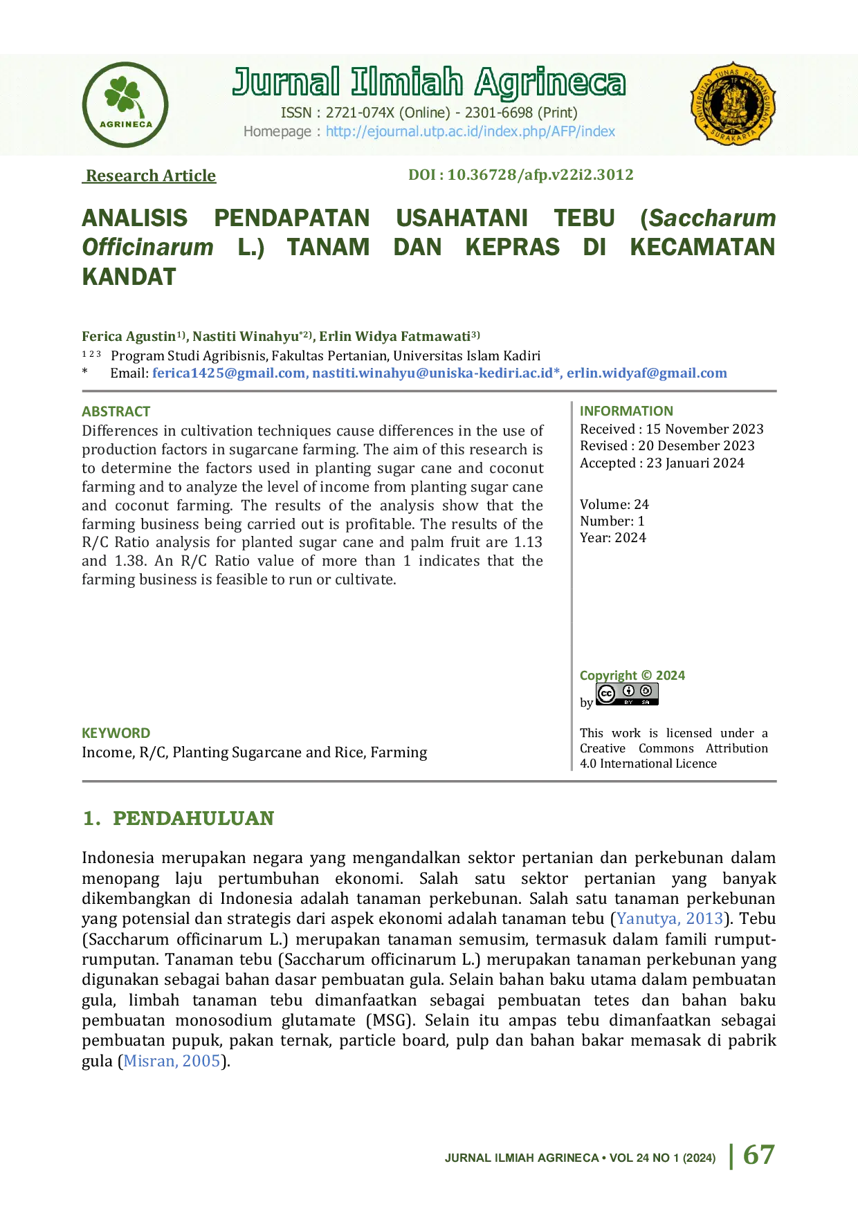 JURIS Analisis Pendapatan Usahatani Tebu Saccharum Officinarum L Tanam dan Kepras Di Kecamatan Kandat