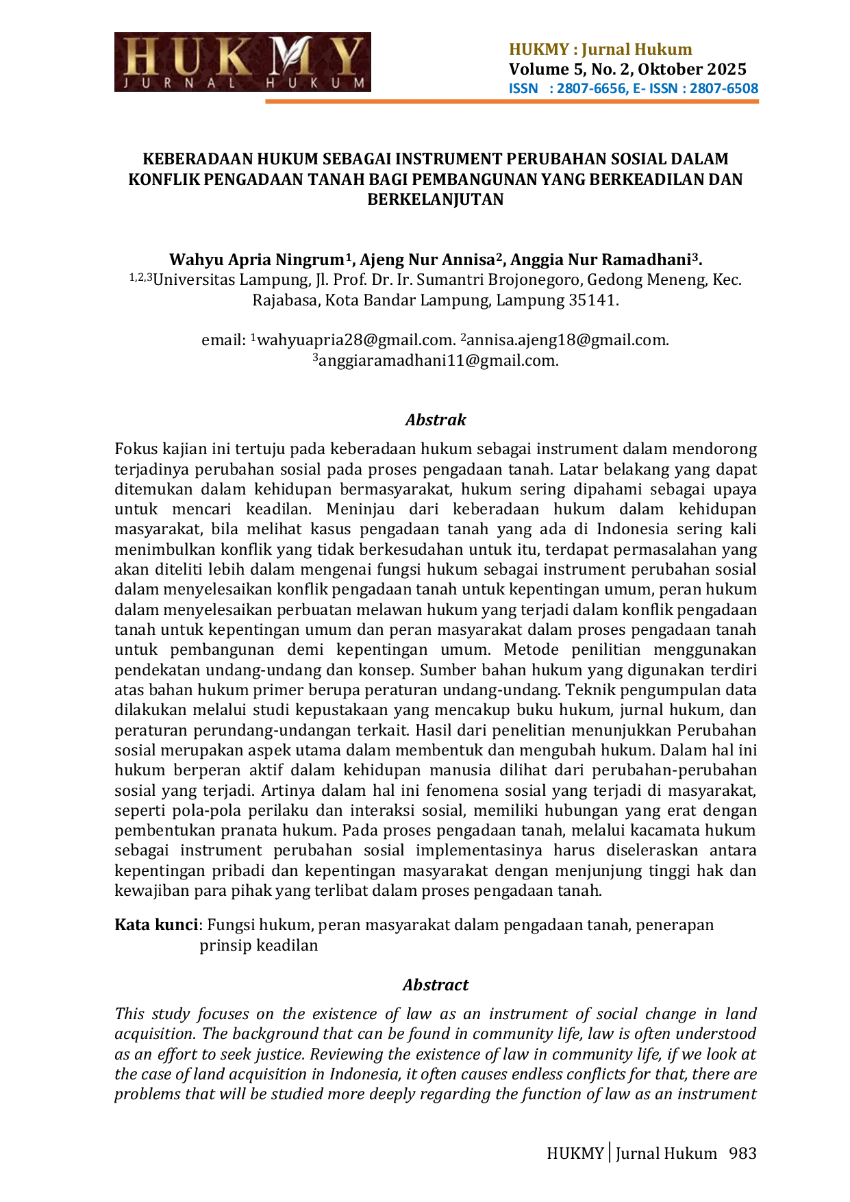 JURIS Keberadaan Hukum Sebagai Instrument Perubahan Sosial Dalam Konflik Pengadaan Tanah Bagi Pembangunan Yang Berkeadilan Dan Berkelanjutan