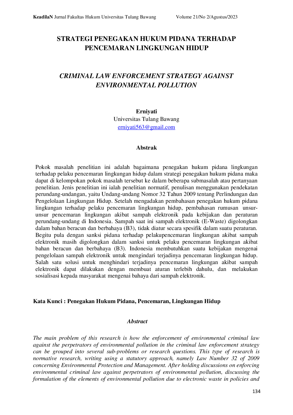 JURIS Strategi Penegakan Hukum Pidana Terhadap Pencemaran Lingkungan Hidup