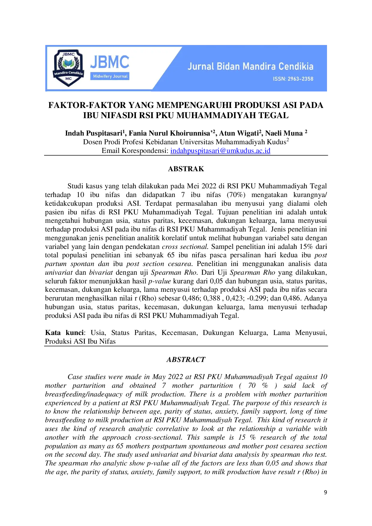 JURIS Faktor Faktor Yang Mempengaruhi Produksi ASI Pada Ibu Nifas di RSI PKU Muhammadiyah Tegal