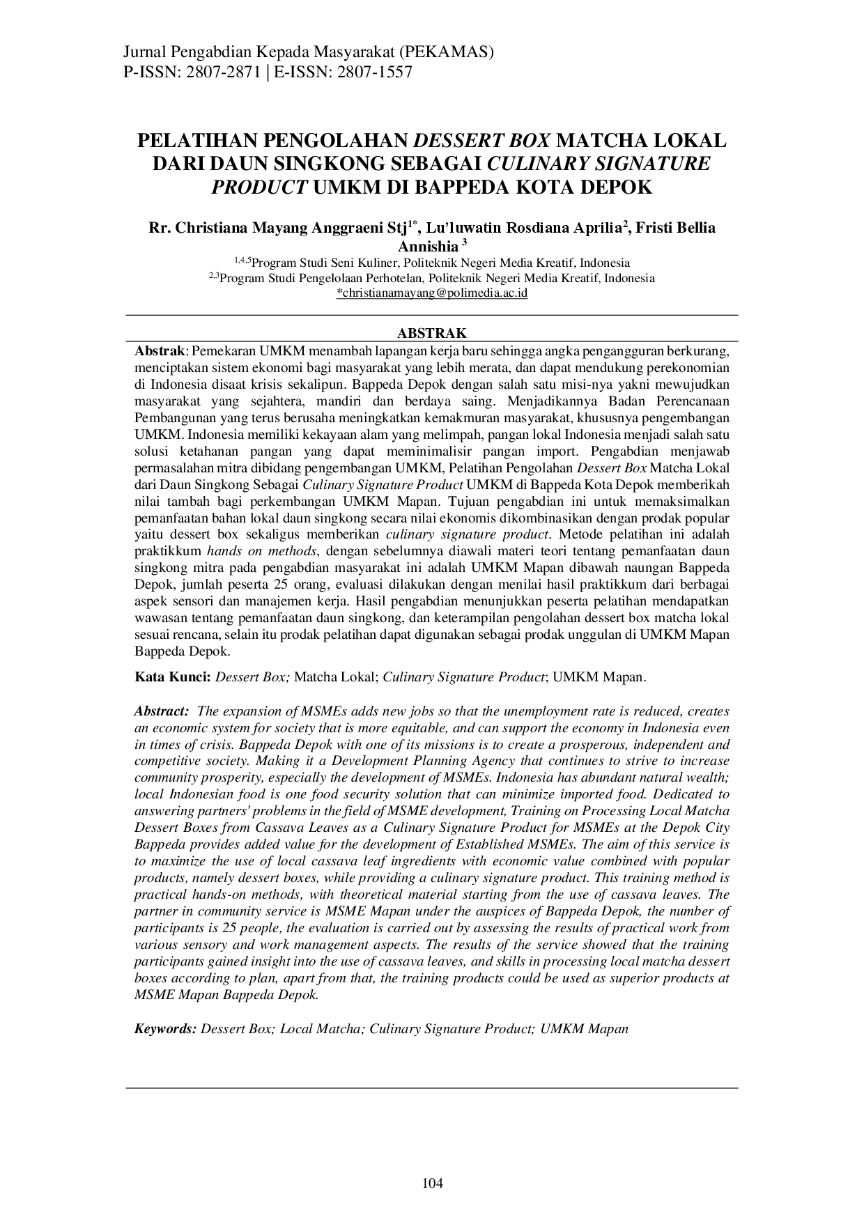 juris Pelatihan Pengolahan Dessert Box Matcha Lokal Dari Daun Singkong Sebagai Culinary Signature Product UMKM Di Bappeda Kota Depok