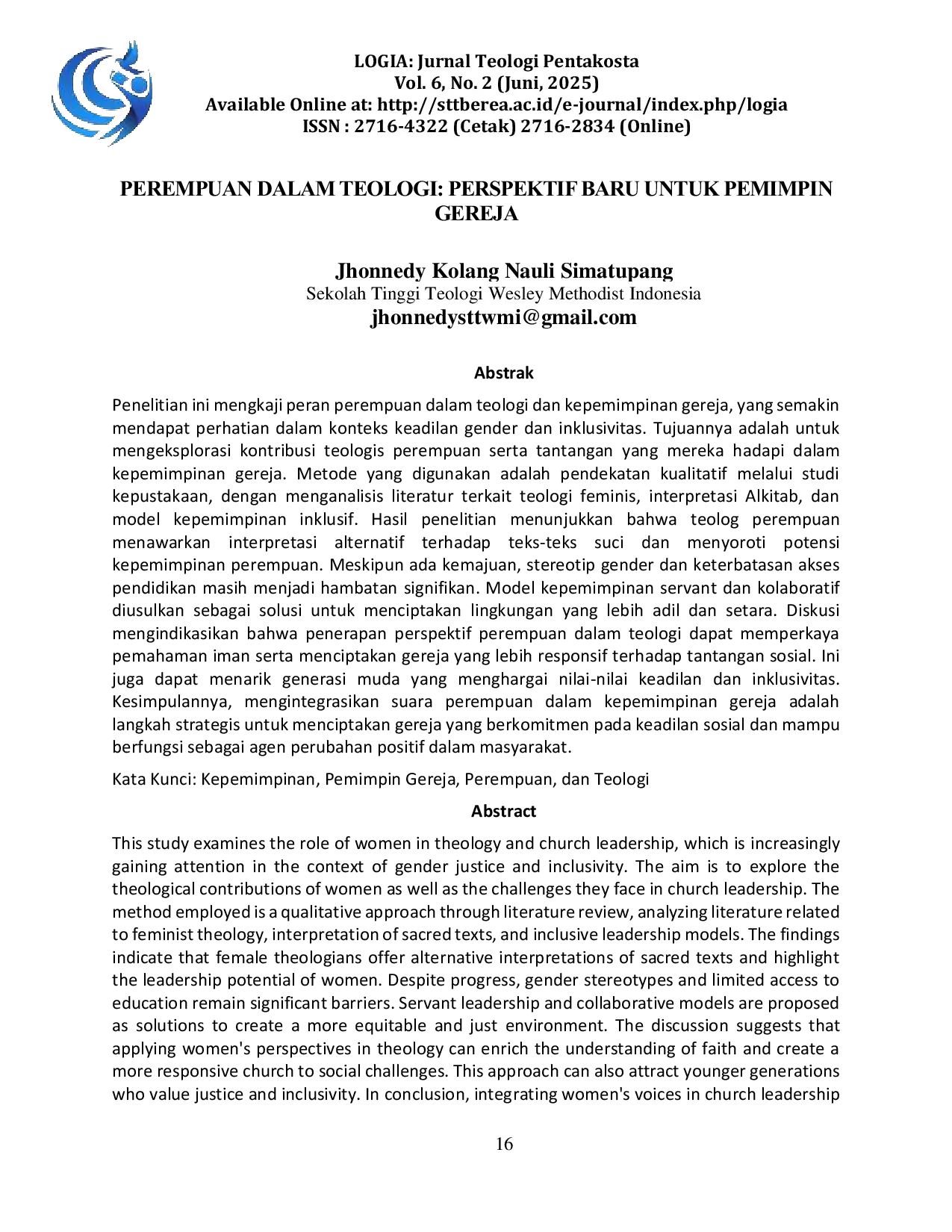 JURIS Perempuan dalam Teologi Perspektif Baru untuk Pemimpin Gereja