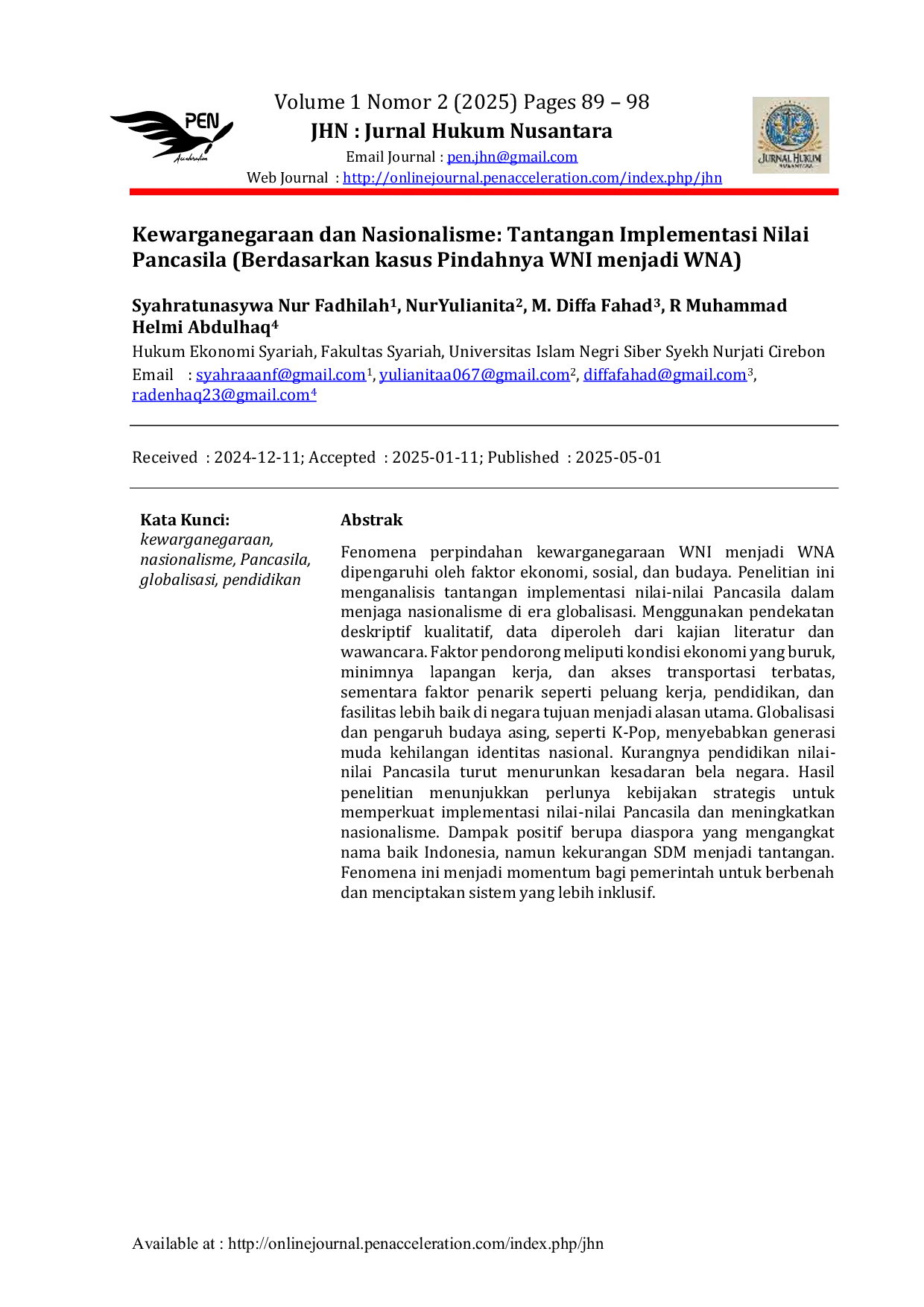 JURIS Kewarganegaraan dan Nasionalisme Tantangan Implementasi Nilai Pancasila Berdasarkan kasus Pindahnya WNI menjadi WNA