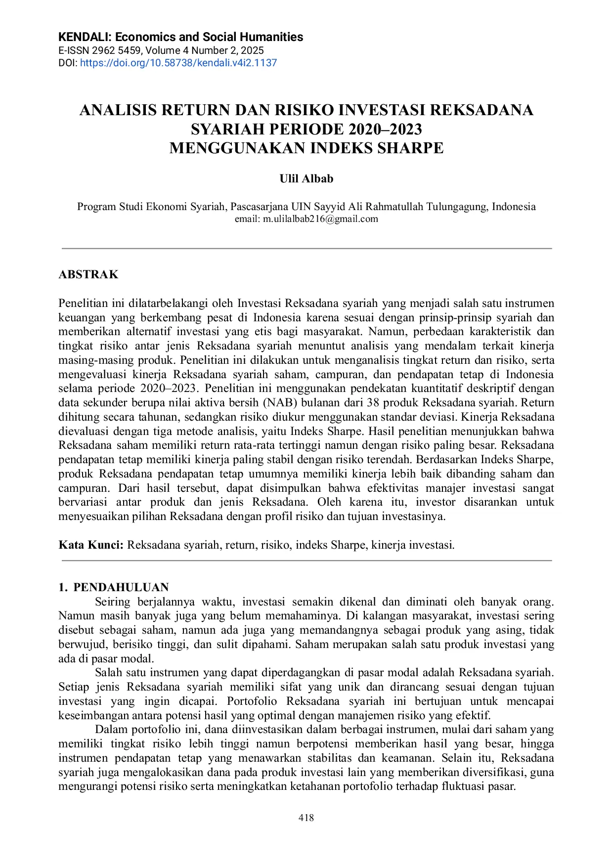 JURIS Analisis Return Dan Risiko Investasi Reksadana Syariah Periode 2020 2023 Menggunakan Indeks Sharpe