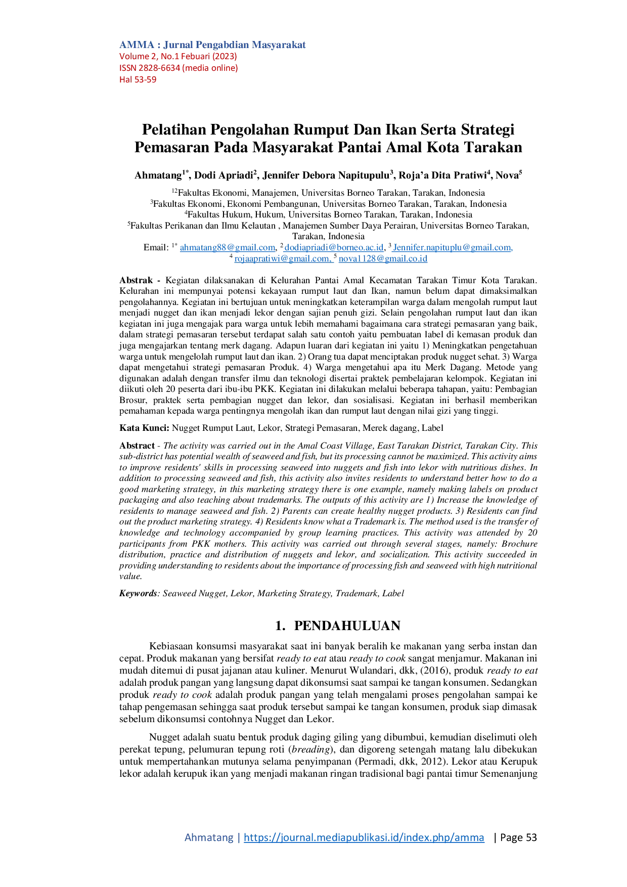 JURIS Pelatihan Pengolahan Rumput Laut Dan Ikan Serta Strategi Pemasaran Pada Masyarakat Pantai Amal Kota Tarakan