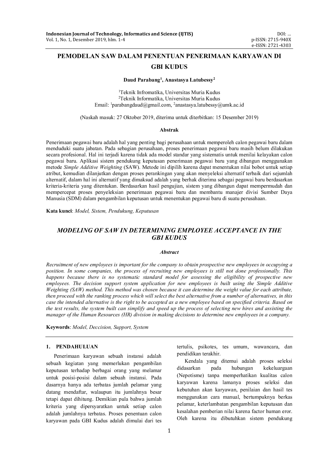 JURIS Pemodelan SAW dalam Penentuan Penerimaan Karyawan di GBI Kudus