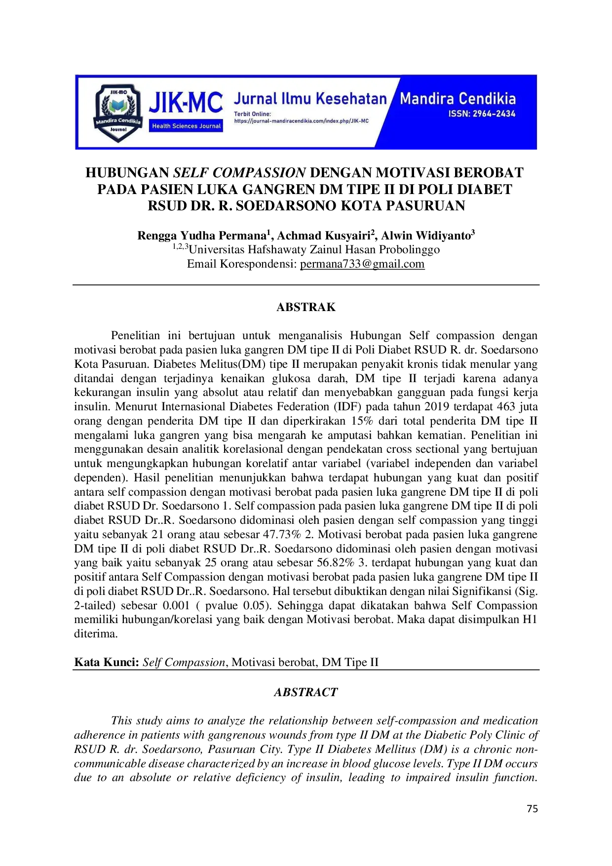 juris Hubungan Self Compassion Dengan Motivasi Berobat Pada Pasien Luka Gangren DM Tipe II Di Poli Diabet RSUD Dr R Soedarsono Kota Pasuruan