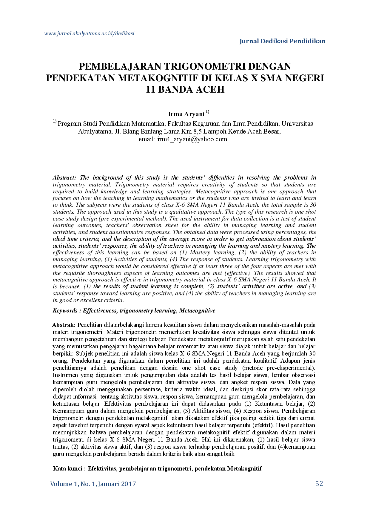 juris Pembelajaran Trigonometri Dengan Pendekatan Metakognitif Di Kelas X Sma Negeri 11 Banda Aceh