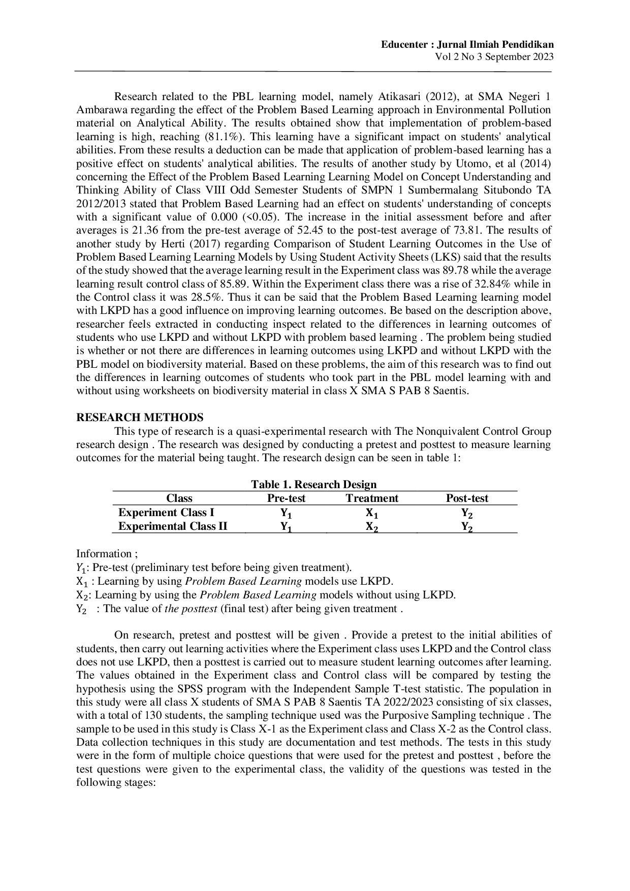 JURIS Differences in Student Learning Outcomes Through the Application of Problem Based Learning PBL Learning Models With and Without Using Student Worksheets LKPD