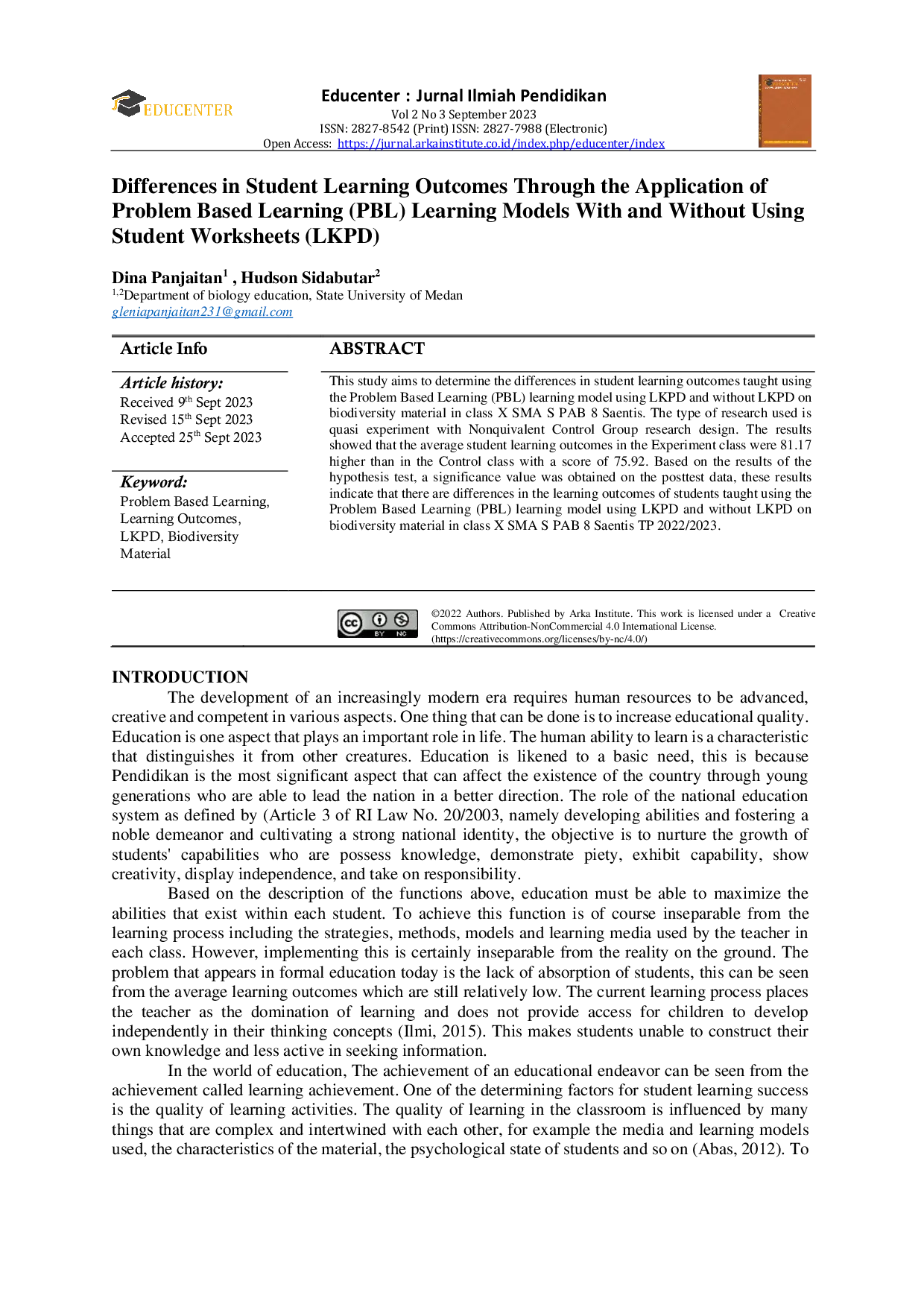 JURIS Differences in Student Learning Outcomes Through the Application of Problem Based Learning PBL Learning Models With and Without Using Student Worksheets LKPD