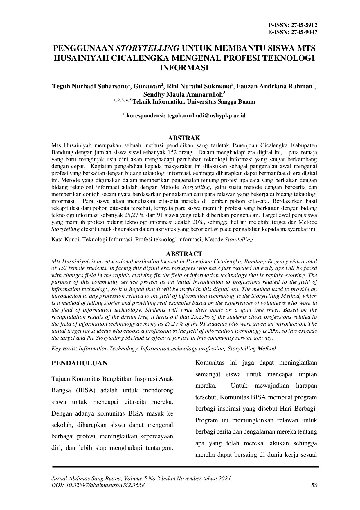 JURIS Penggunaan Storytelling Untuk Membantu Siswa Mts Husainiyah Cicalengka Mengenal Profesi Teknologi Informasi