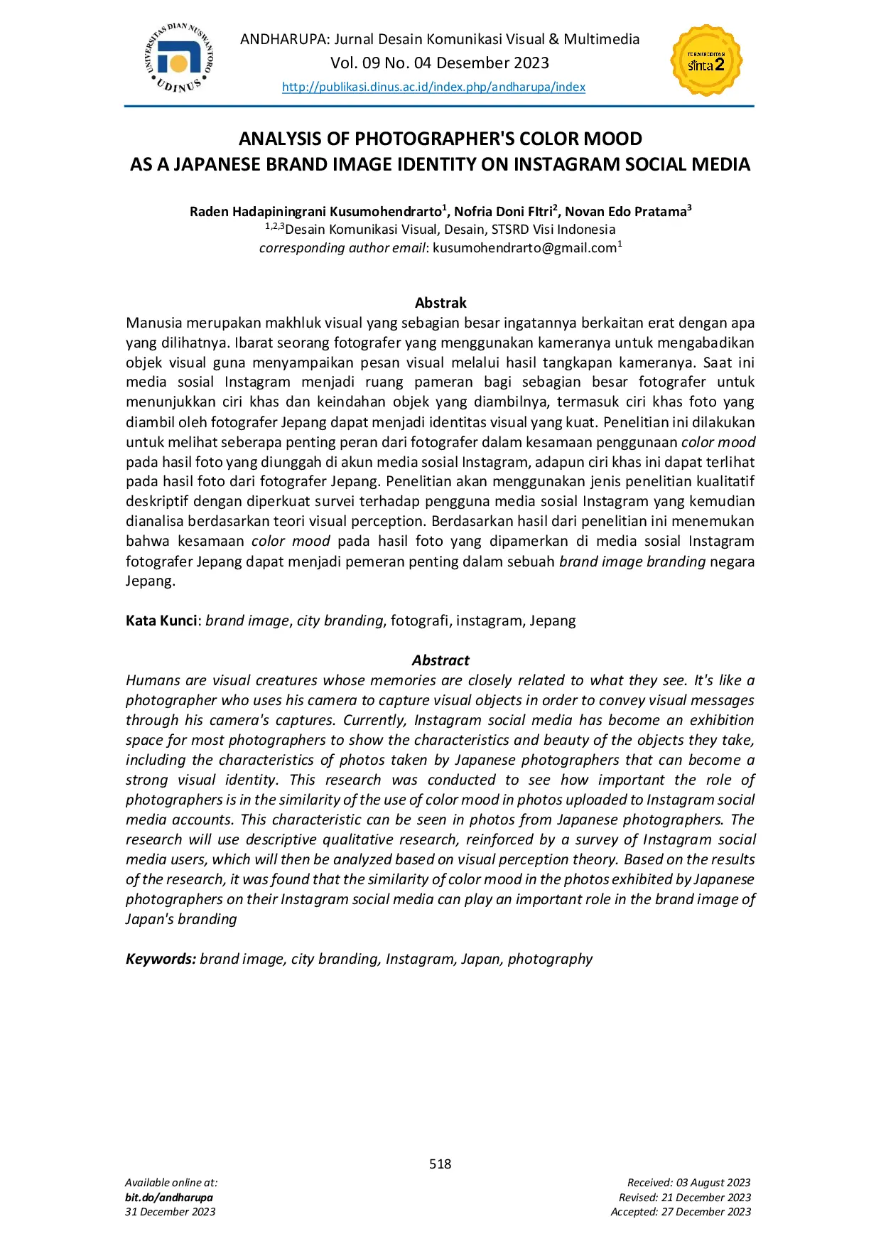 JURIS Analysis of Photographer s Color Mood as a Japanese Brand Image Identity on Instagram Social Media