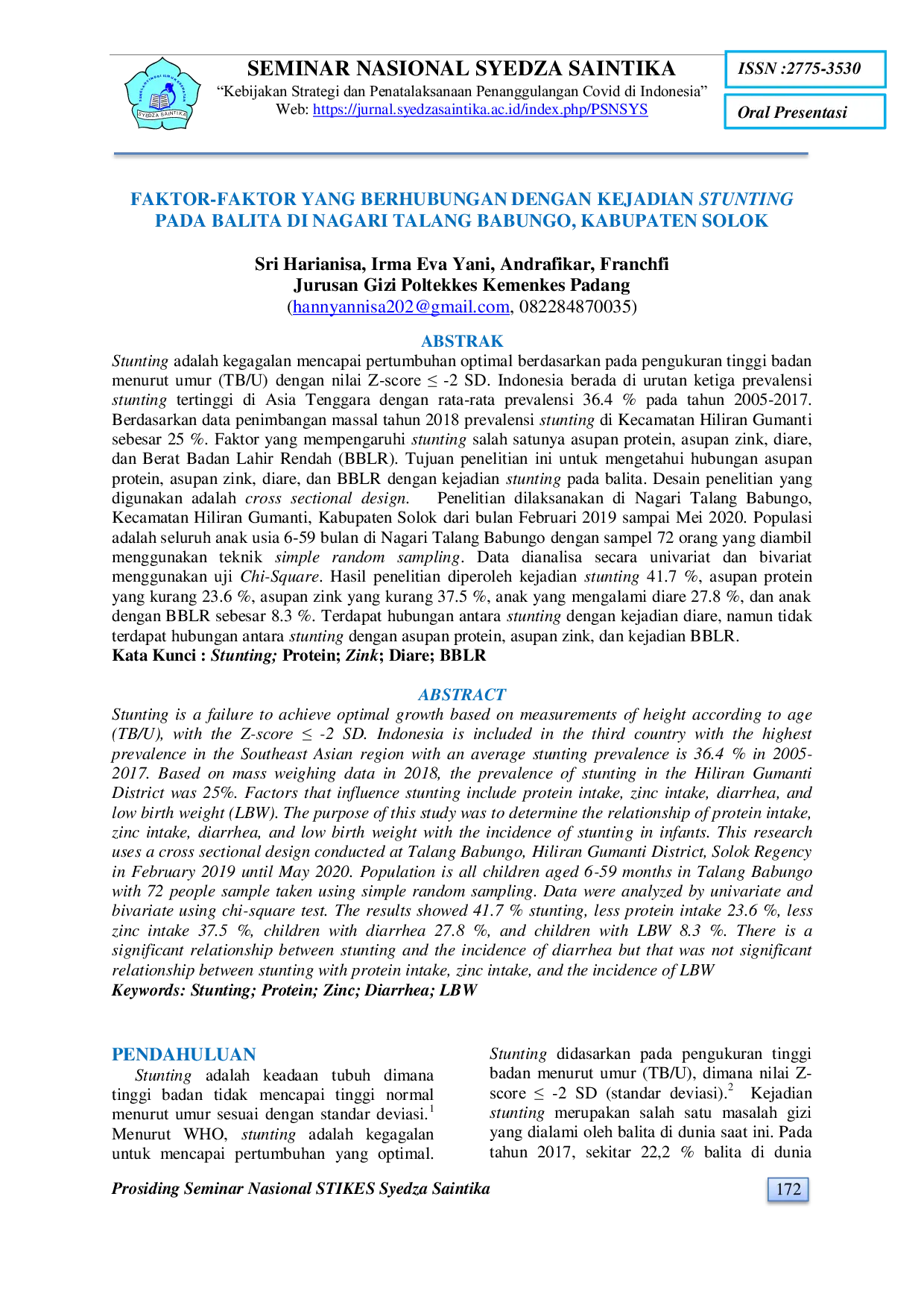 JURIS FaktorAcFaktor Yang Berhubungan Dengan Kejadian Stunting Pada Balita Di Nagari Talang Babungo Kecamatan Hiliran Gumanti Kabupaten Solok