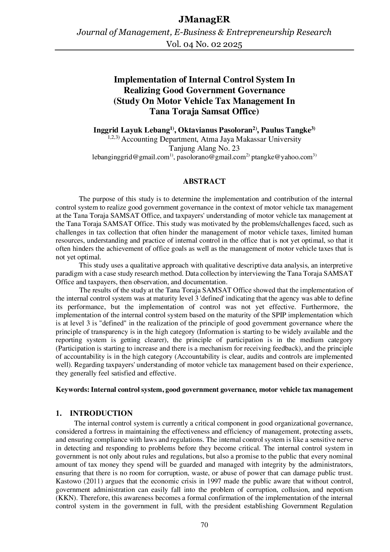 JURIS Implementation Of Internal Control System In Realizing Good Government Governance Study On Motor Vehicle Tax Management In Tana Toraja SAMSAT Office