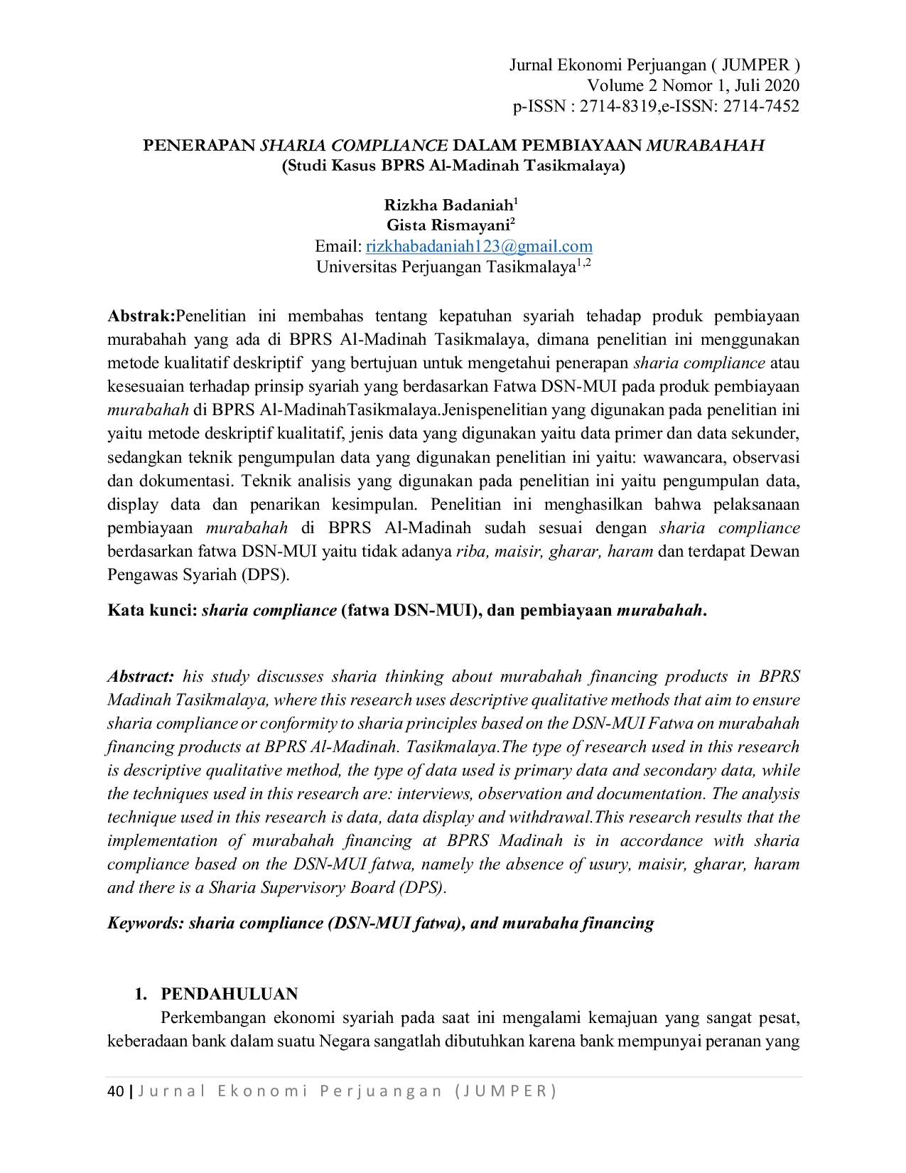 JURIS PENERAPAN SHARIA COMPLIANCE DALAM PEMBIAYAAN MURABAHAH Studi Kasus BPRS Al Madinah Tasikmalaya