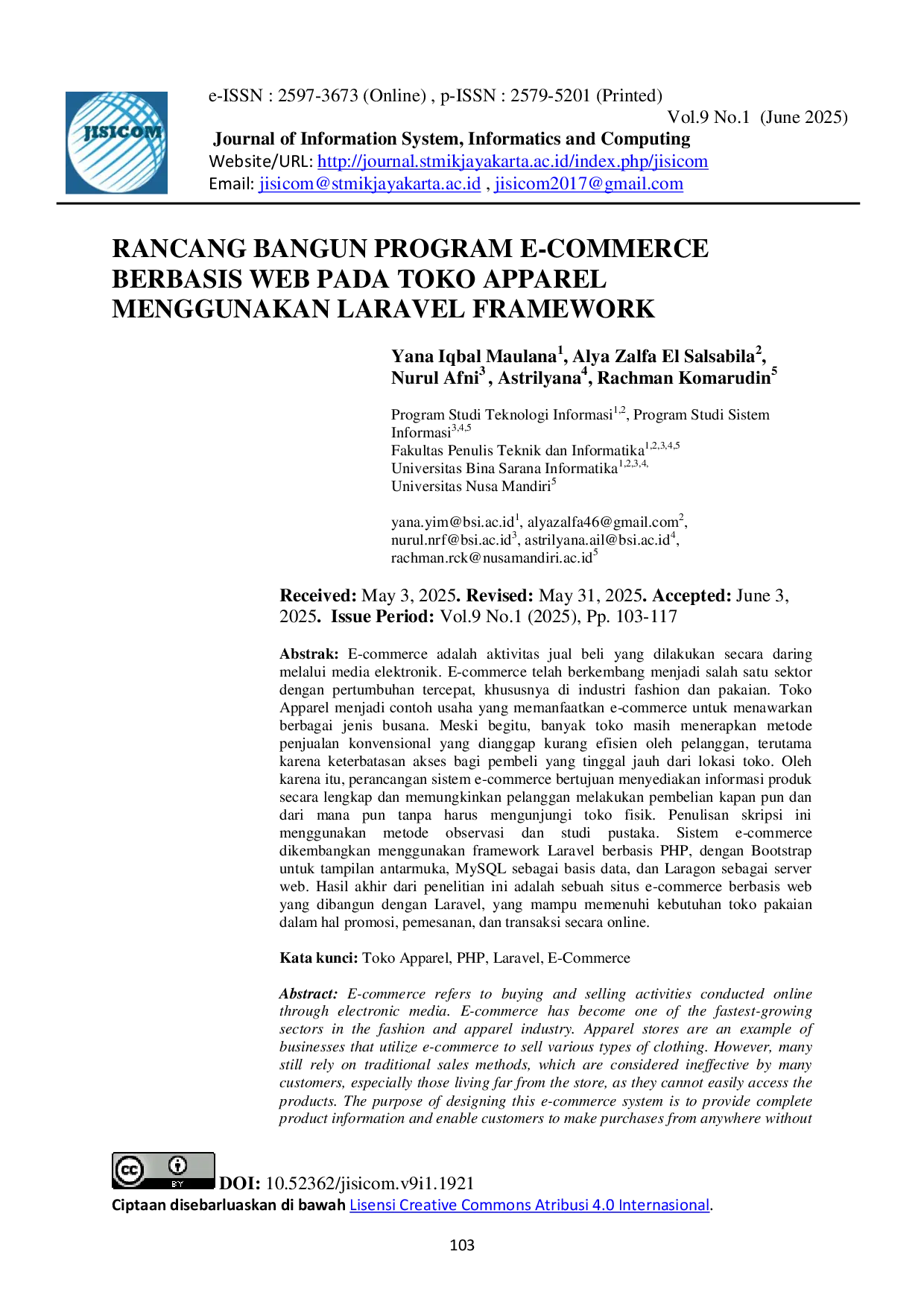 JURIS Rancang Bangun Program E Commerce Berbasis Web Pada Toko Apparel Menggunakan Laravel Framework