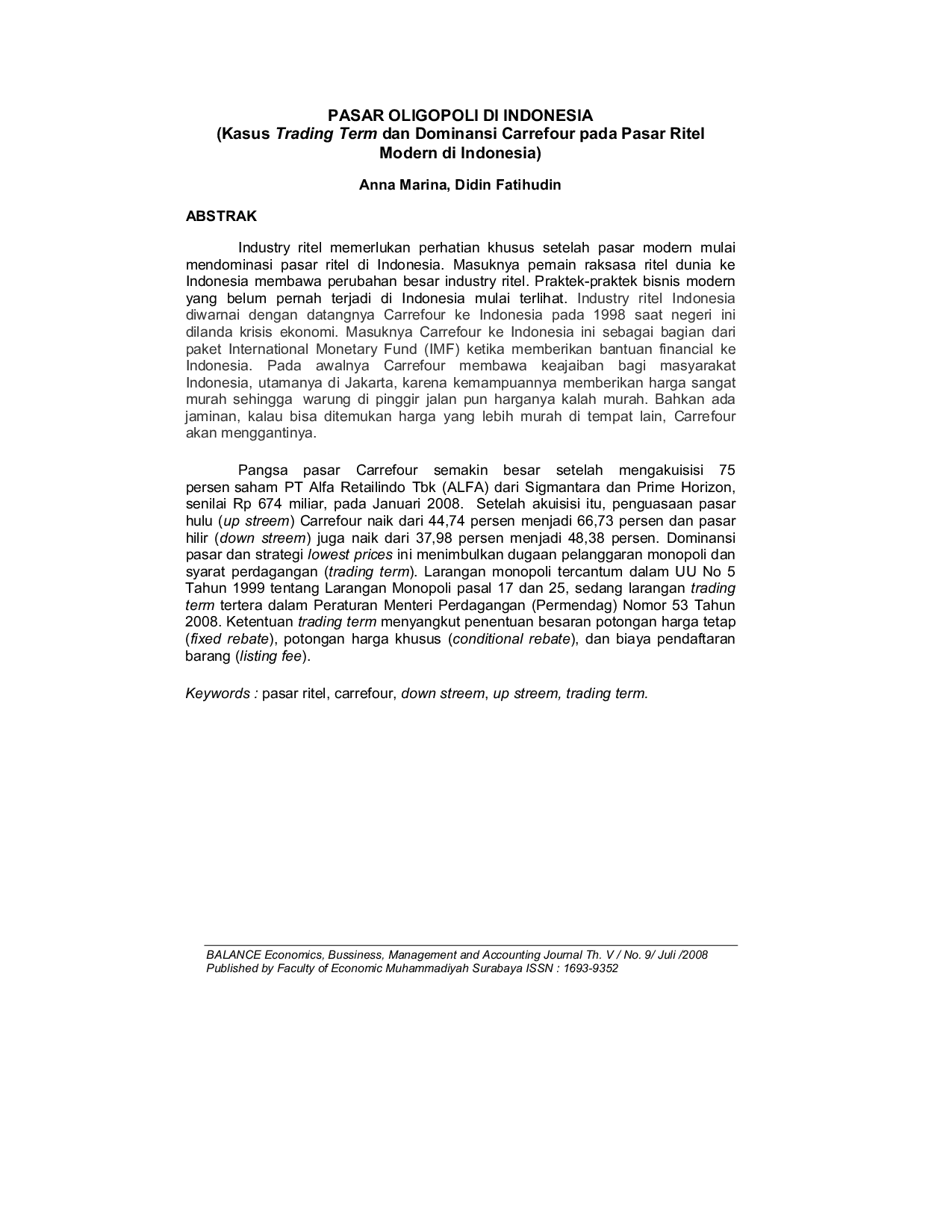 JURIS PASAR OLIGOPOLI DI INDONESIA Kasus Trading Term dan Dominansi Carrefour pada Pasar Ritel Modern di Indonesia