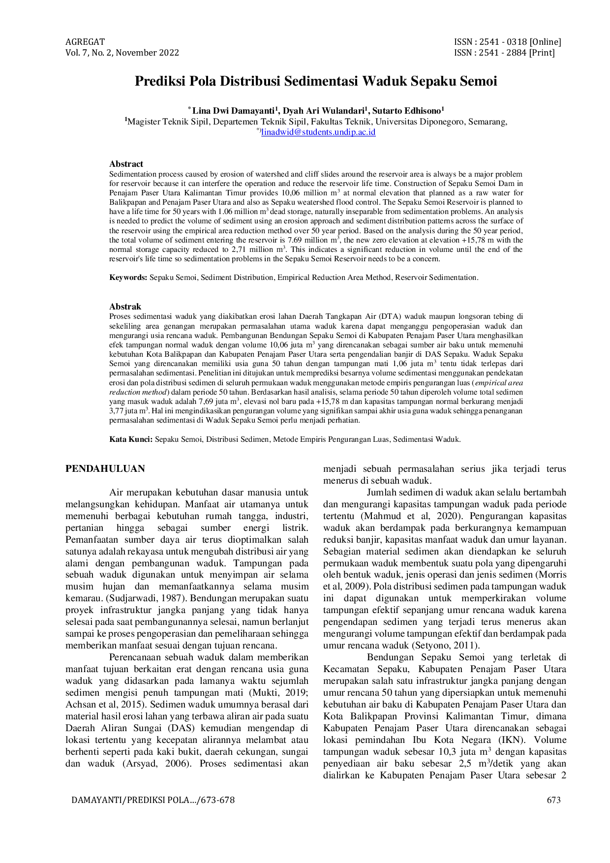 JURIS Prediksi Pola Distribusi Sedimentasi Waduk Sepaku Semoi